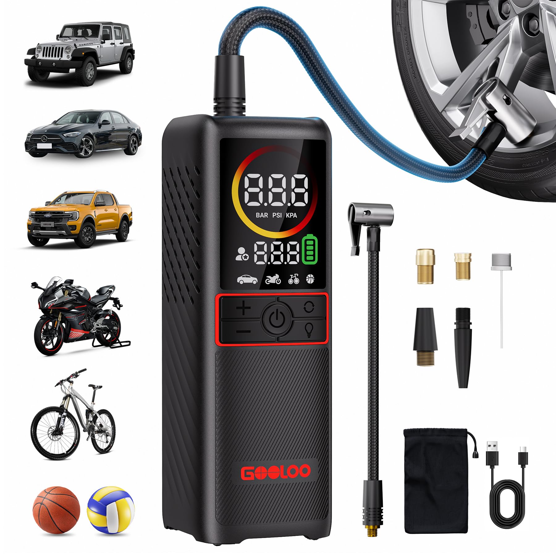 GOOLOO GT160 Tire Inflator Portable Air Compressor, 4X Faster 160PSI Portable Air Pump for Car Tires, Cordless Tire Pump with Digital Pressure Gauge for Cars, Bikes, Balls, Motorcycles,Auto-Shutoff