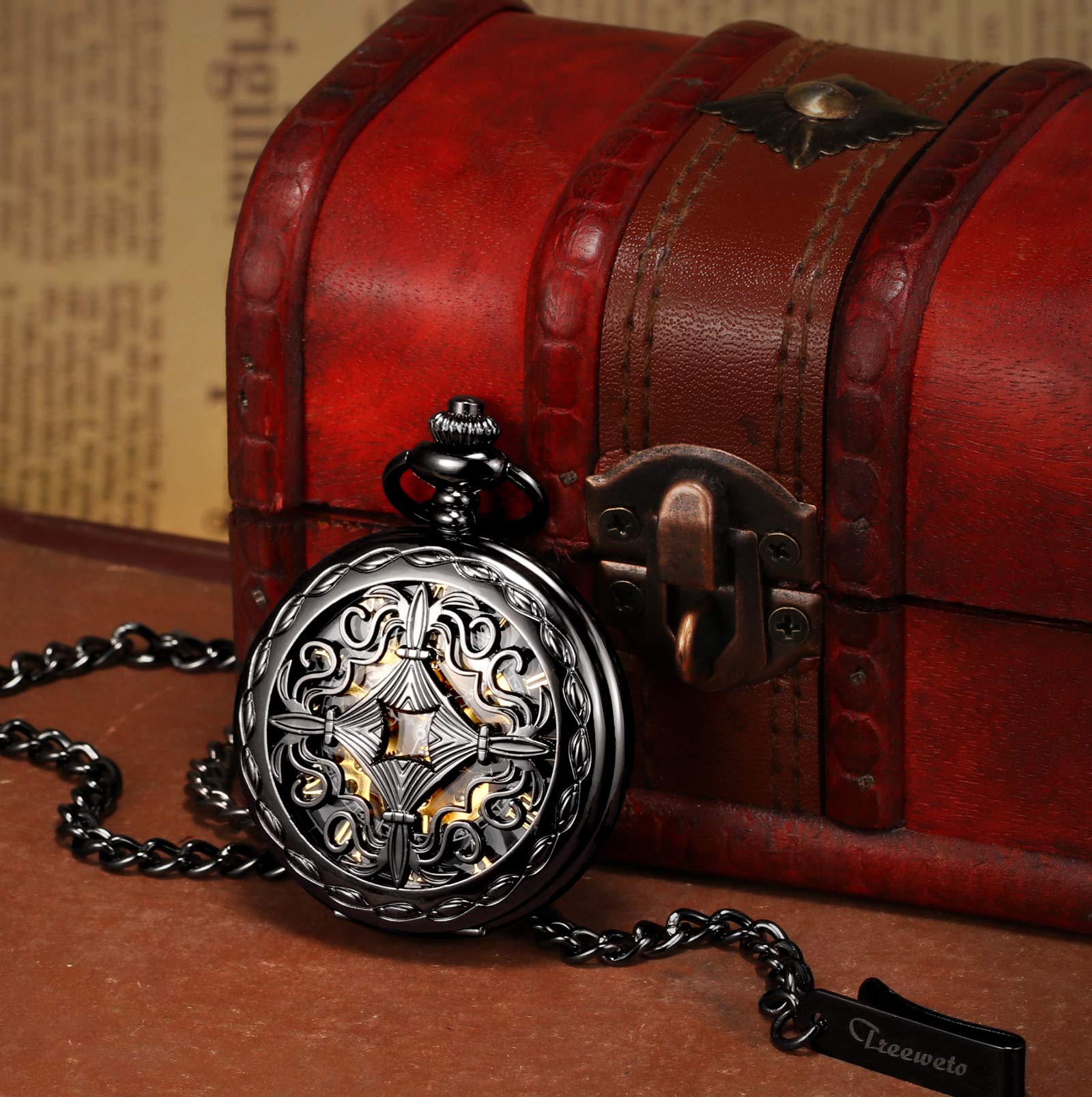 TREEWETO Orologio da tasca meccanico da uomo in bronzo antico/nero Steampunk con cassa in rame scheletrato per uomo, Nero