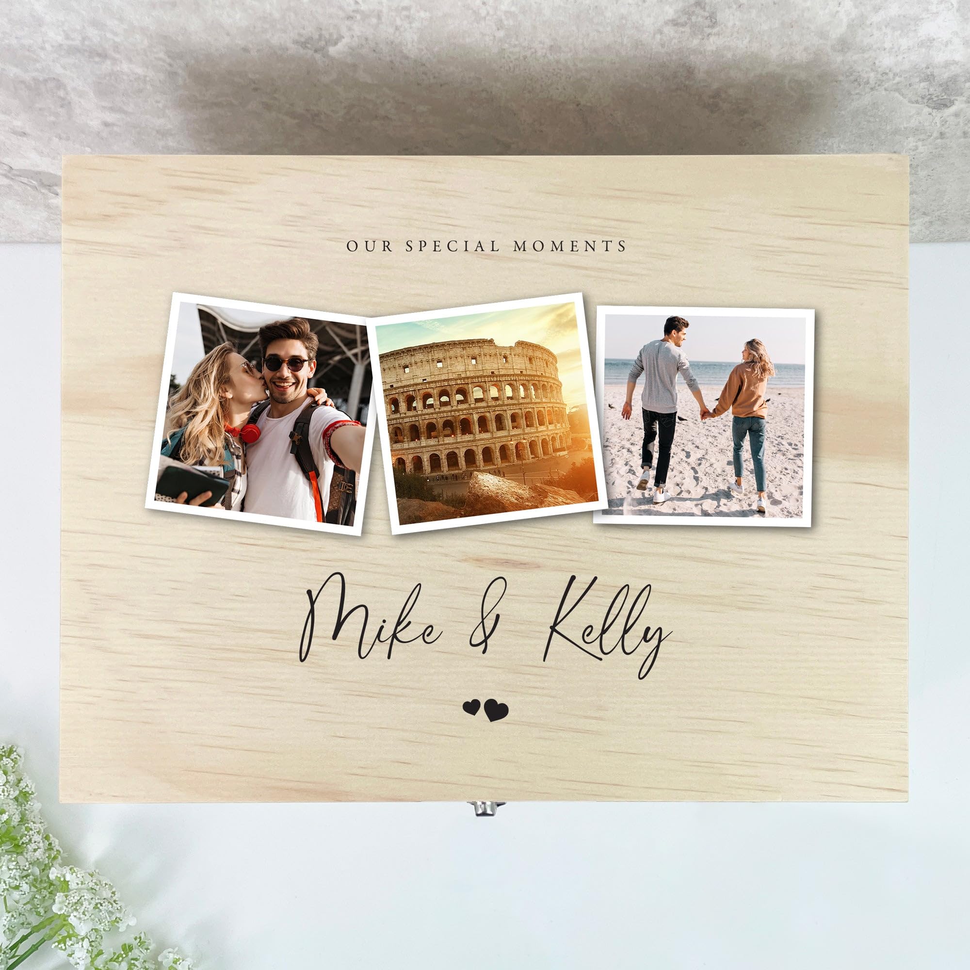 Caja de recuerdos de madera personalizada para parejas, impresa con fotos y nombres, con bisagras y cierre, aniversario, boda, regalo de San Valentín, 36 x 26,9 x 20 cm