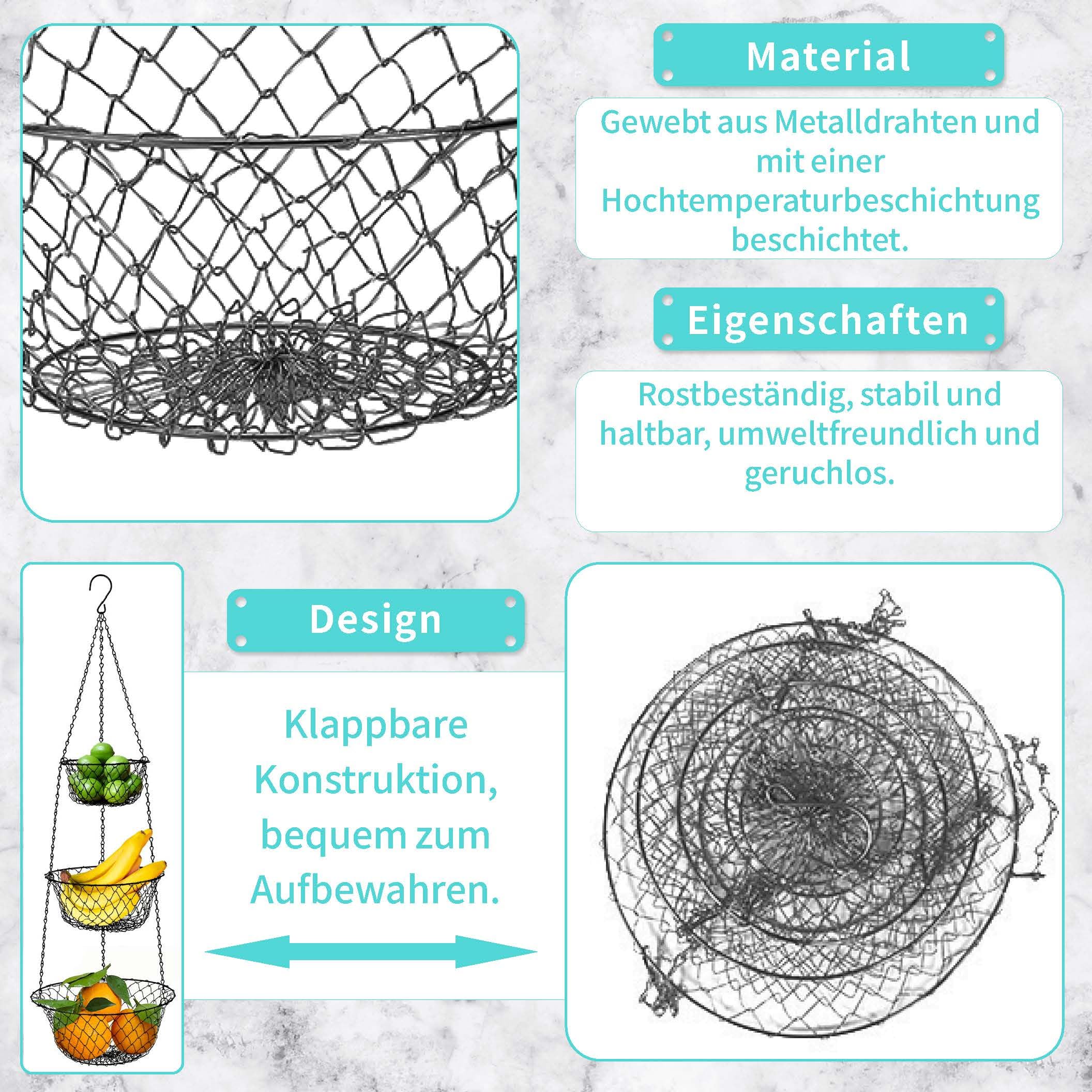 Home Bay Fruit Hub, Hängender Obstkorb für die Küche, 3-stöckige Etagere aus Draht, Obst- und Gemüseaufbewahrung, Wandmontage, Schwarz, Rund, Hängekorb für Schrank oder Decke
