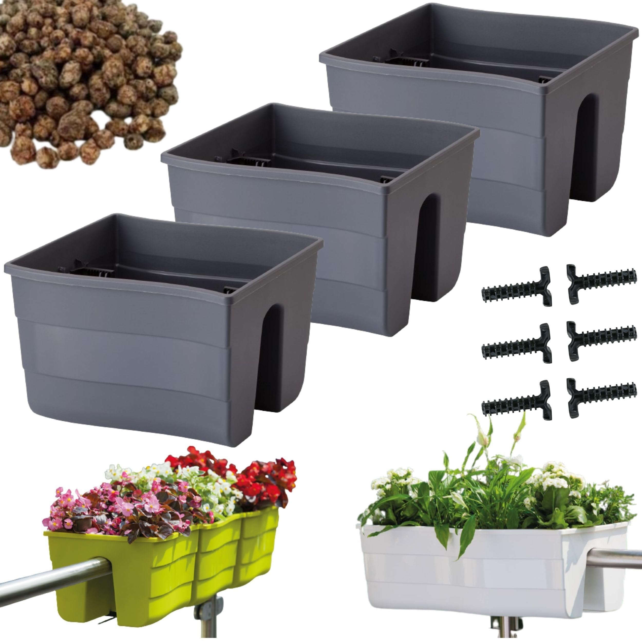 Geländerkasten 3 X 29x29x20 cm | Balkonkasten für Balkongeländer mit Blähton für Drainage und Luftzirkulation | Pflanzkasten fördert gesundes Pflanzenwachstum und verhindert Wurzelfäule | Anthrazit