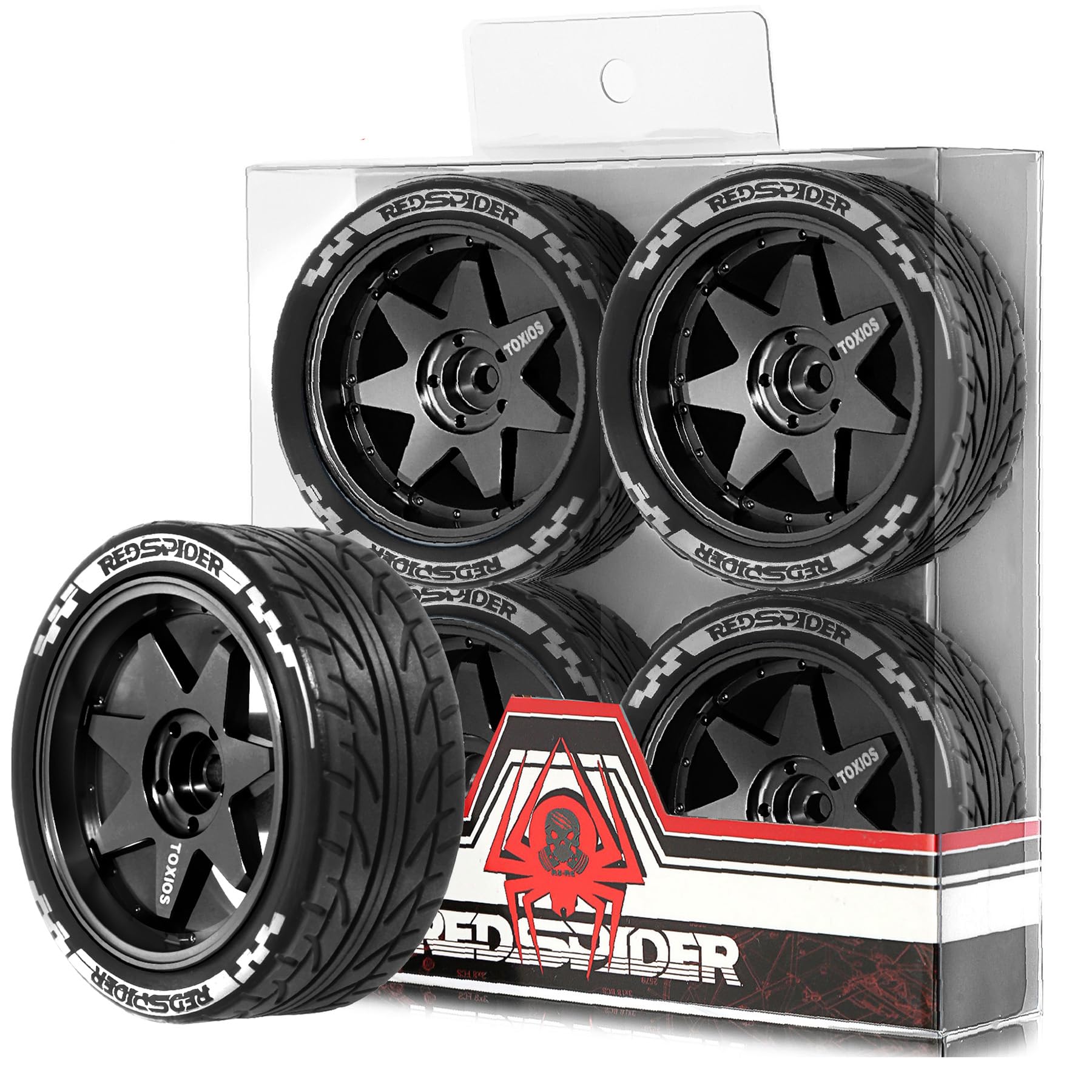 REDSPIDER 1/10 On Road Tires and Metal Wheels 12mm Hex RC Rally Racing Tyres OD 2.55" 4PCS for Tamiya TT01 TT02 XV01 TA06 A959 PTG2 HPI KYOSHO PTG2 Traxxas 1:10 Street Touring Drift Car (Black)
