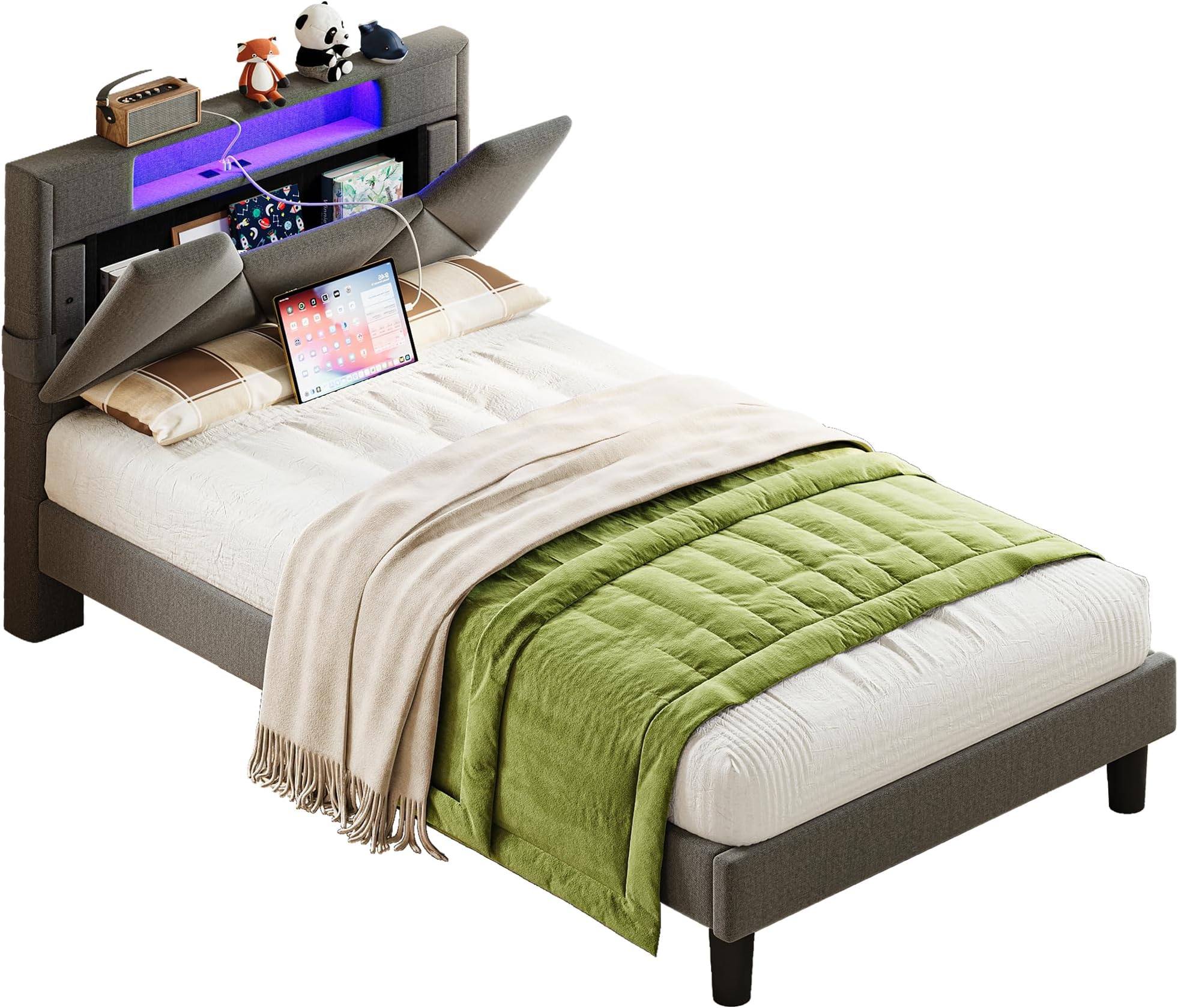 Amazon.com: MOKA Twin Bed Frame, Storage Headboard with Fast Charging ...