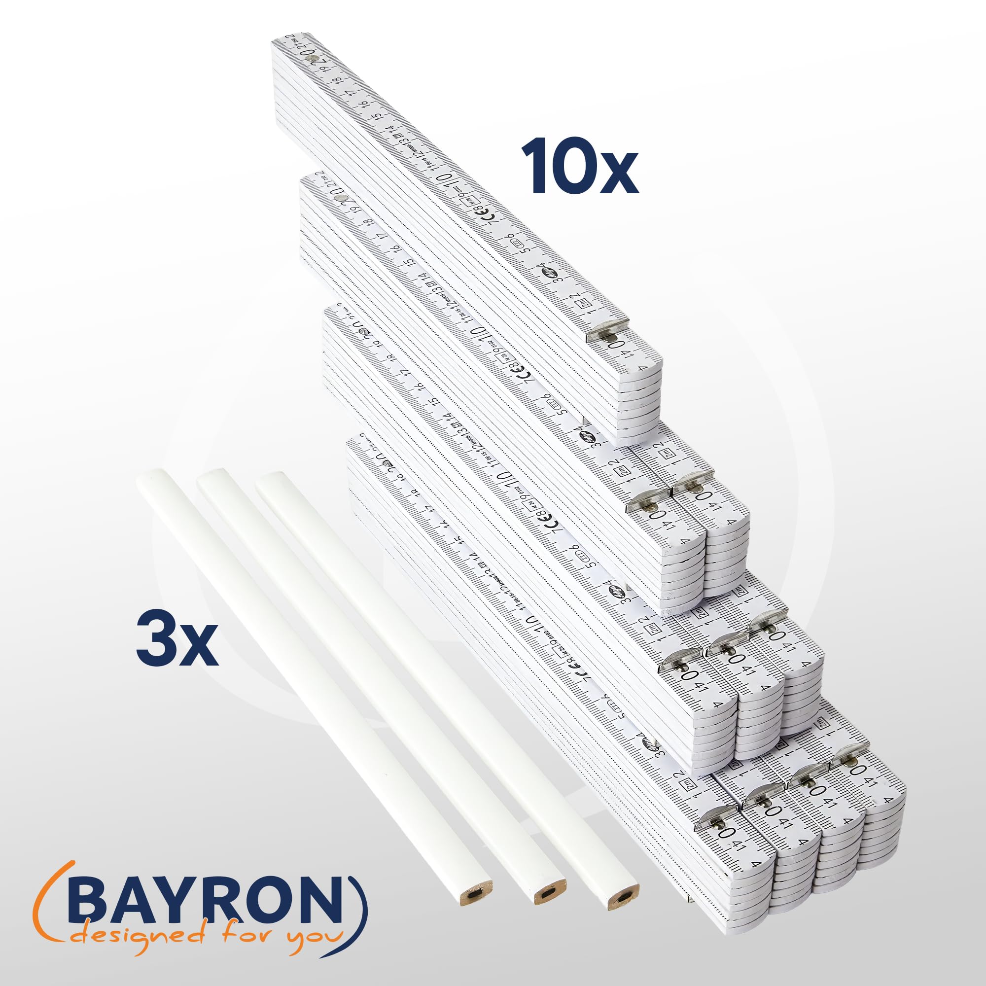 BAYRON Holz-Meterstab-Set Handwerker | 10 x ADGA 250 plus 2m Weiß Metallgelenk, 90°-Rastung, Winkelfunktion, MADE IN GERMANY | 3 x BAYRON Zimmermannsbleistift