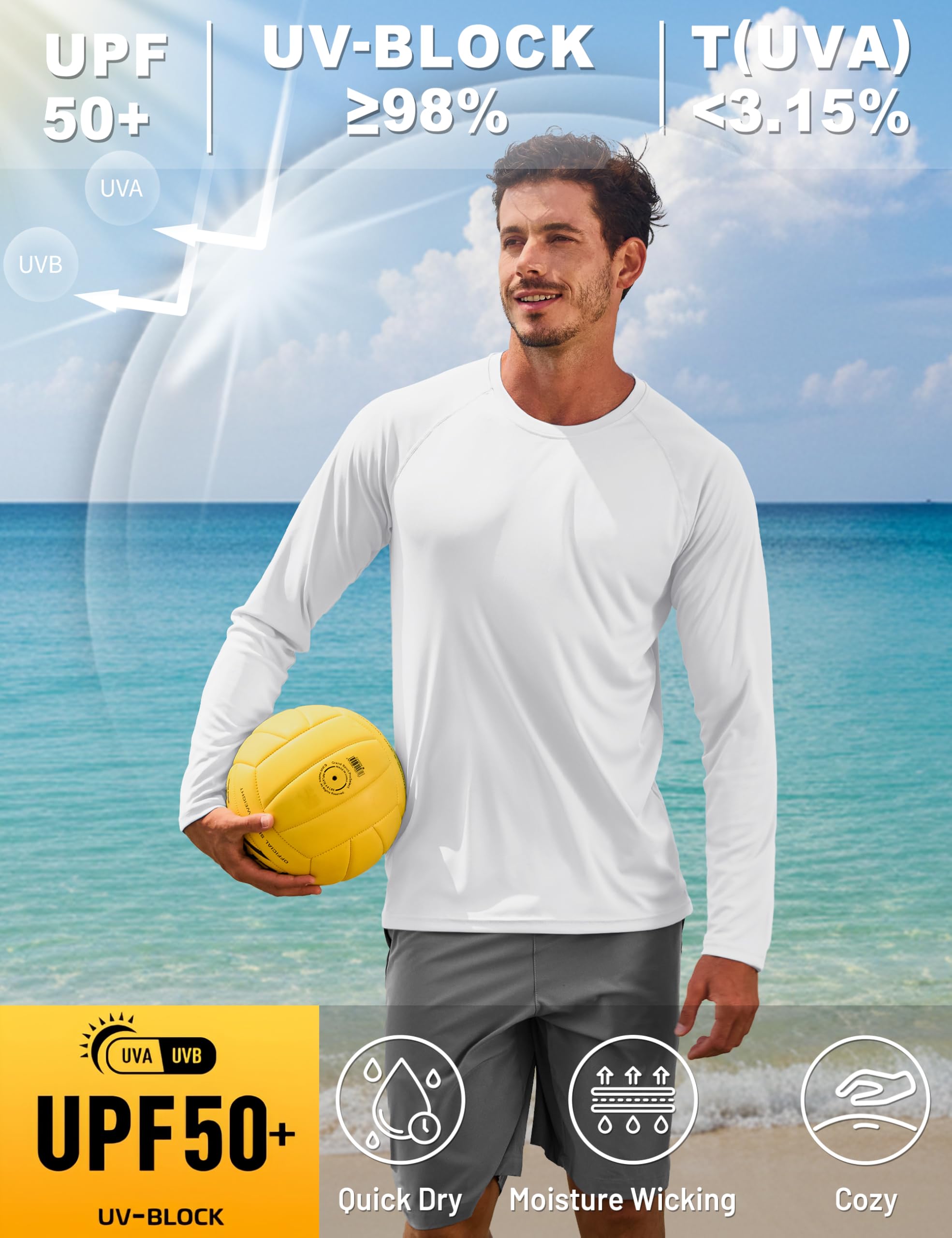 TACVASEN Tops de Manga Larga para Hombre Verano Camisetas de Protección Solar Camisa al Aire Libre Camisetas de Protección UV UPF 50+ Shirt Blanco