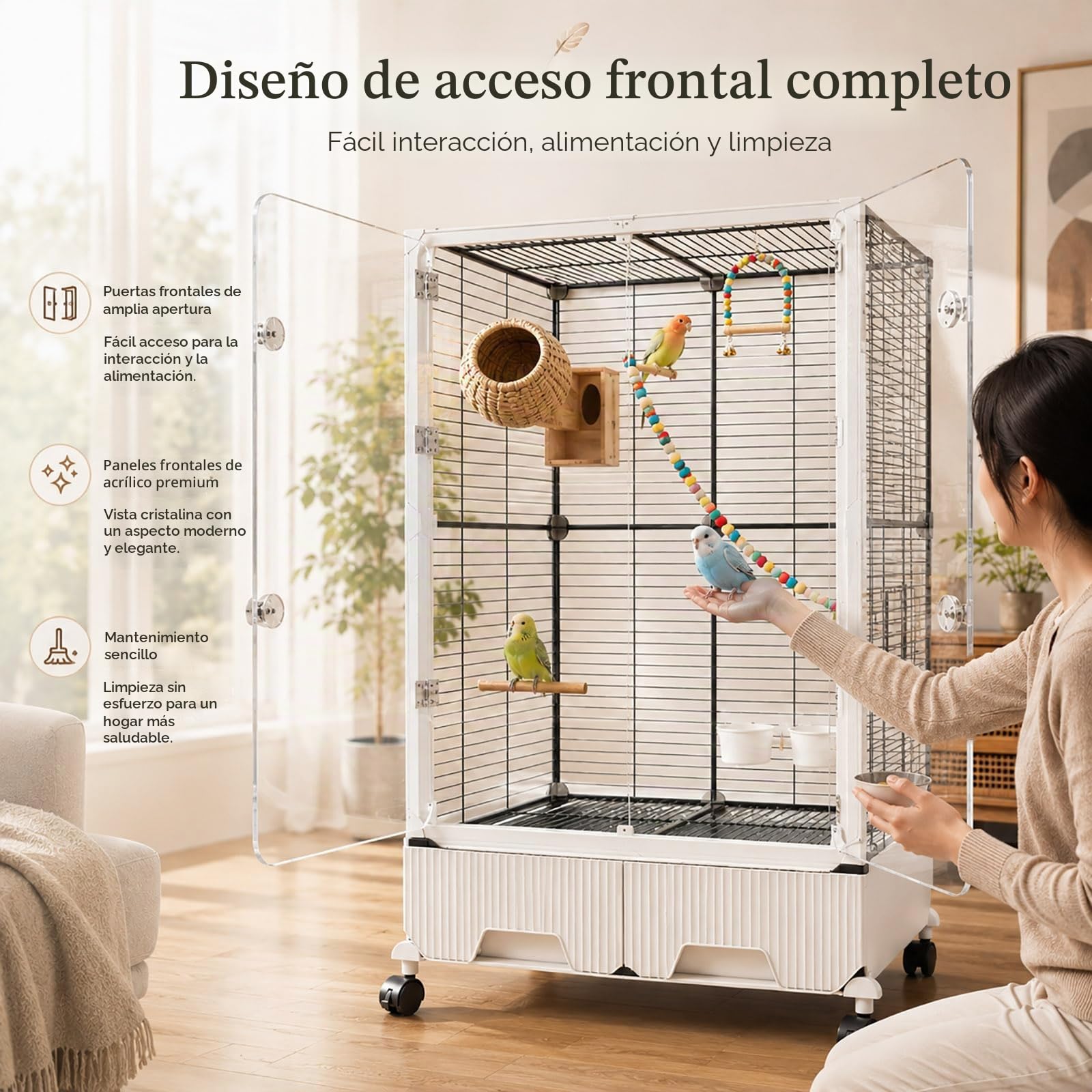 Jaula para Pájaros de Interior, Grande Jaula para Loros con Vista Acrílica Transparente, Jaula Voladera con Ruedas y Bandeja Fácil de Limpiar para Periquitos, Ninfas, Agapornis Single-Row