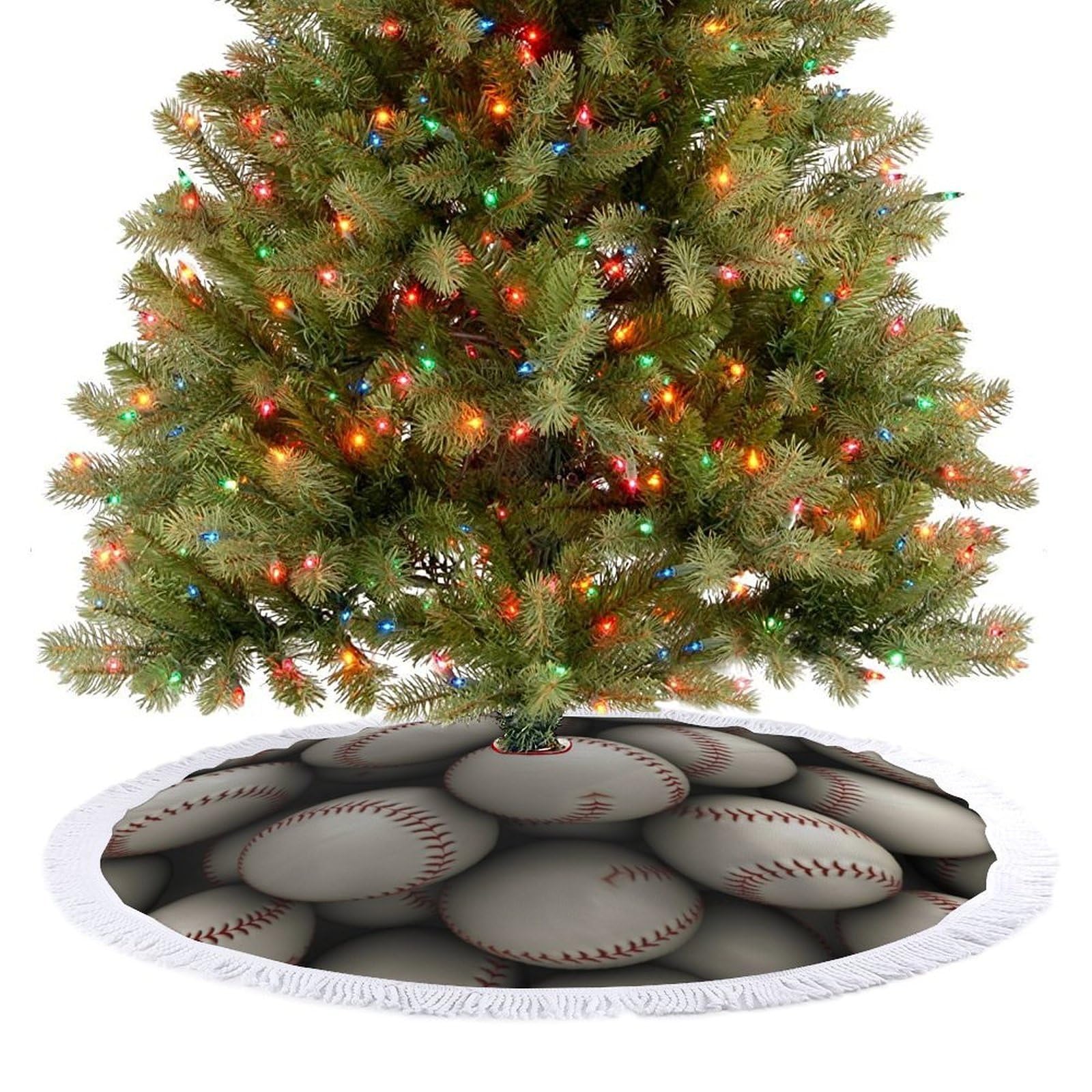Baseball Christmas Tree Skirt 30"x30" Rustic Xmas Tree Mat with Tassel Ornament Christmas Trees Cover Skirt Mat for Evergreen Trees Ornament Winter Holiday Mats Decorations