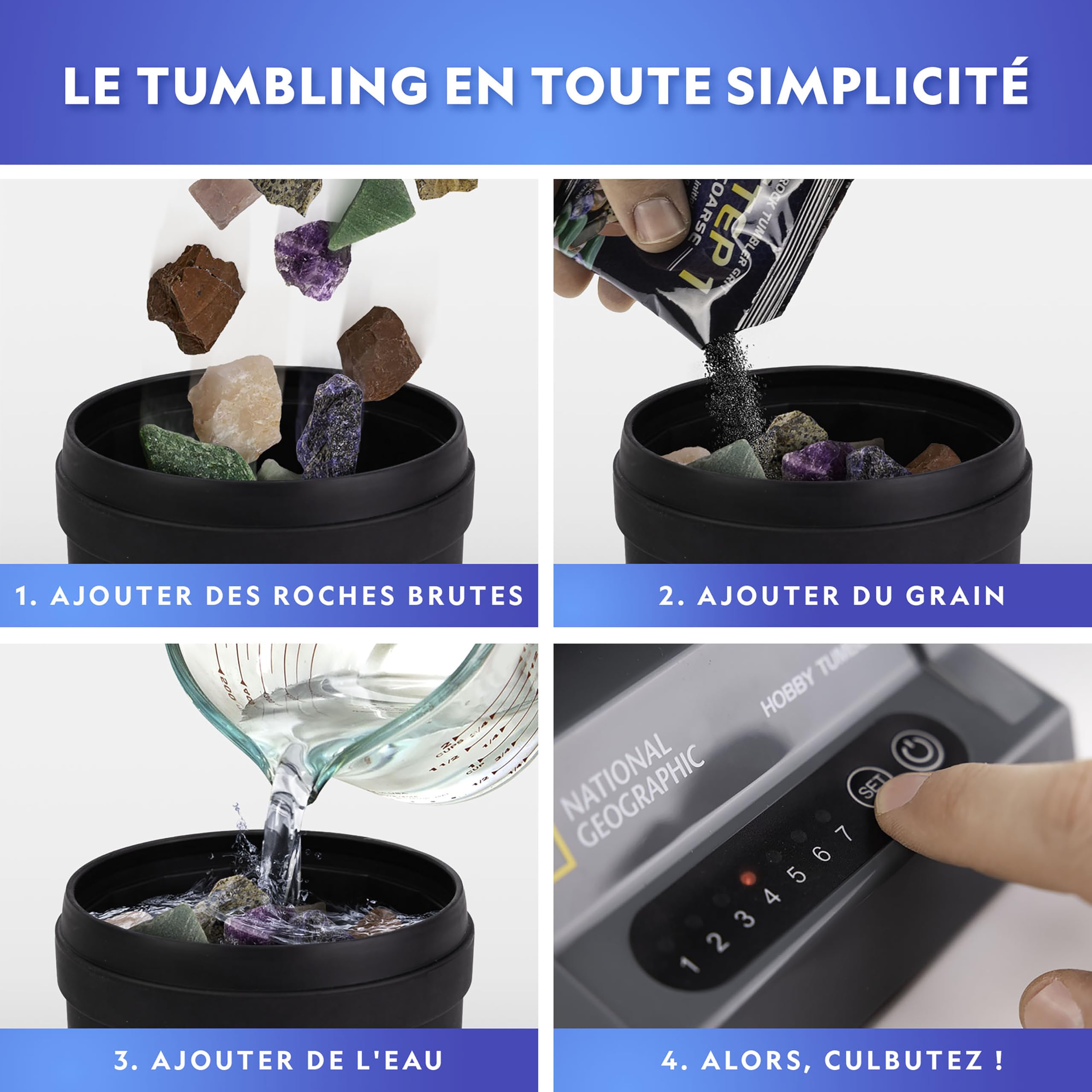 National Geographic Tonneau de Polissage de Pierres – Kit d’Initiation avec Minuterie 7 Jours, Appareil étanche, Activité Géologique pour Enfants, Jouet Scientifique éducatif