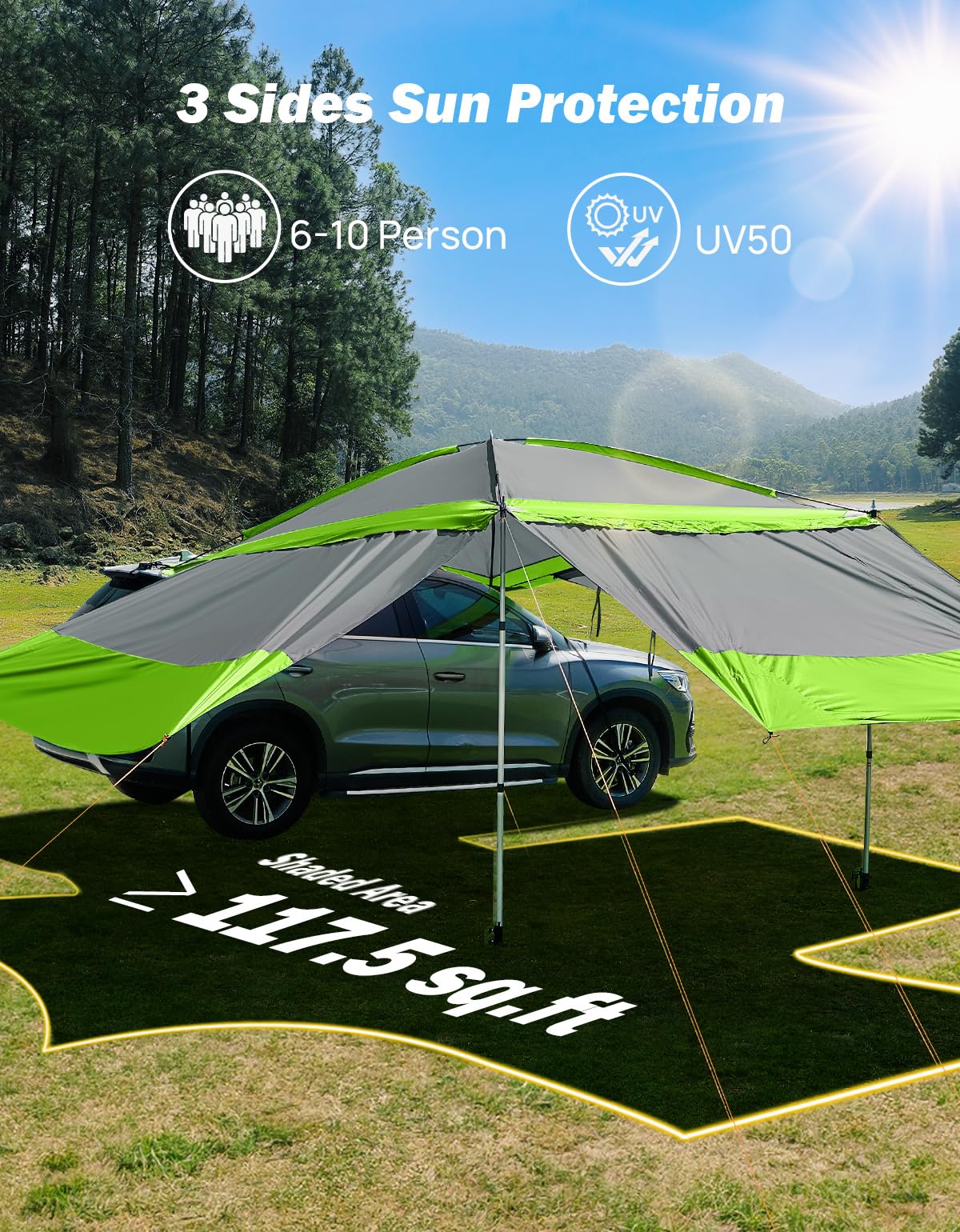 JOYTUTUS Auvent de Voiture SUV Universelle avec 3 Côtés Amovibles Vert | Tente Arriere Imperméable PU2000mm, Auvent Fourgon UV50+ Pare-Soleil avec 8 Poches de Rangement pour Camping, Randonnée