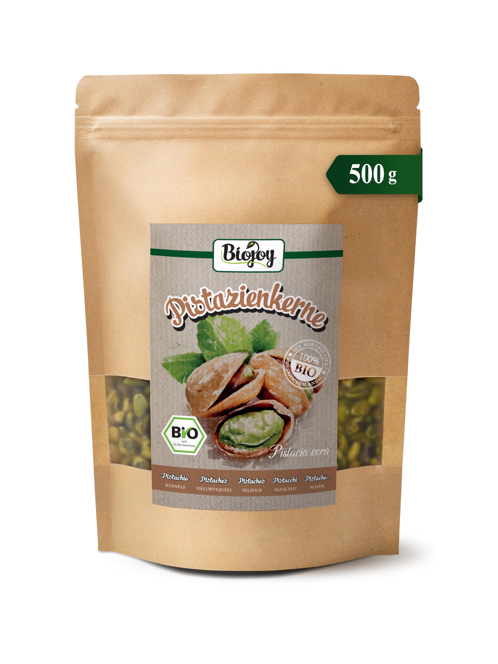 Biojoy Pistachos Pelados Ecológicos (500 g), crudos y enteros, sin sal