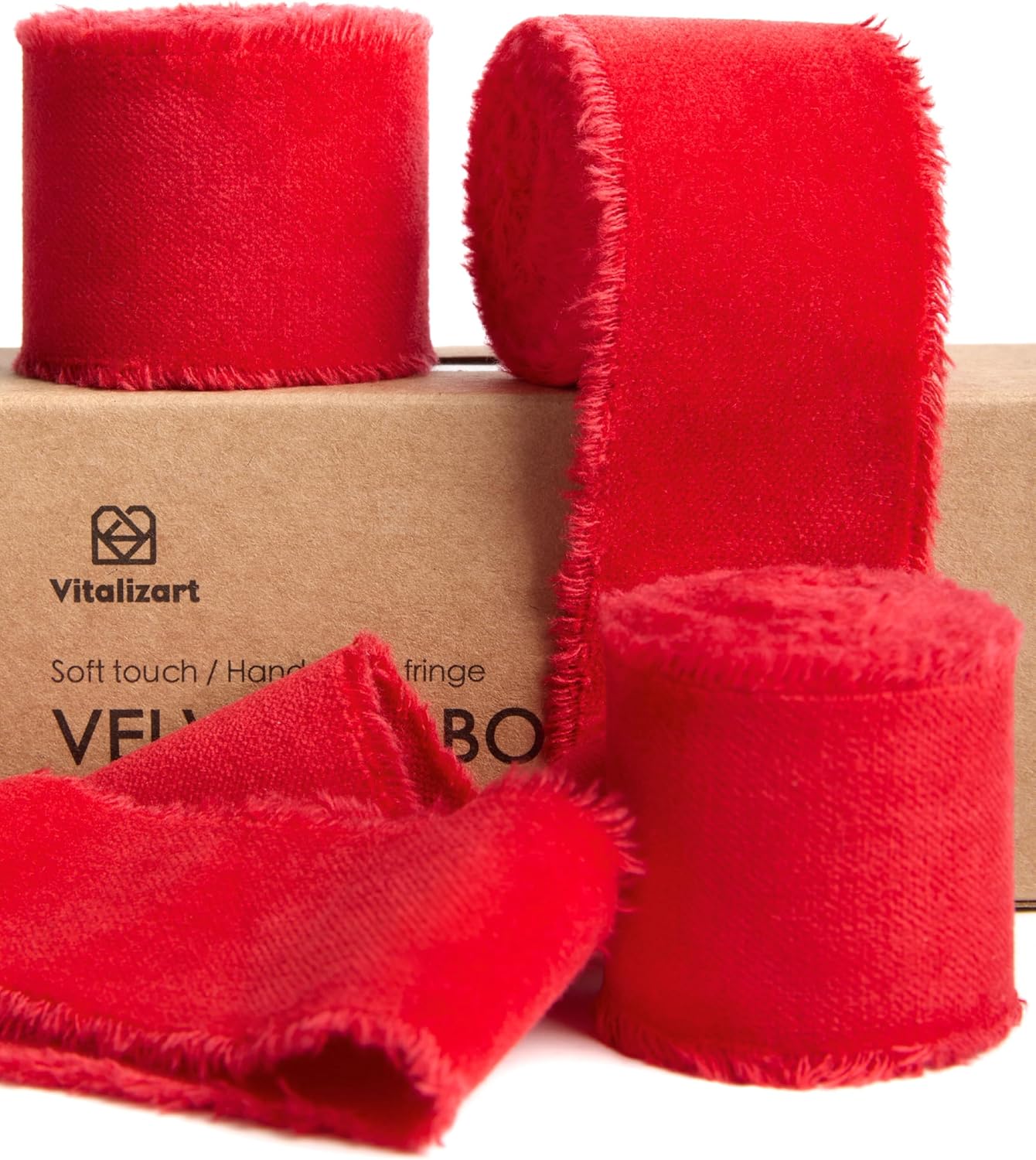 Vitalizart Red Velvet Ribbon 11/2 Inch Handmade Frayed