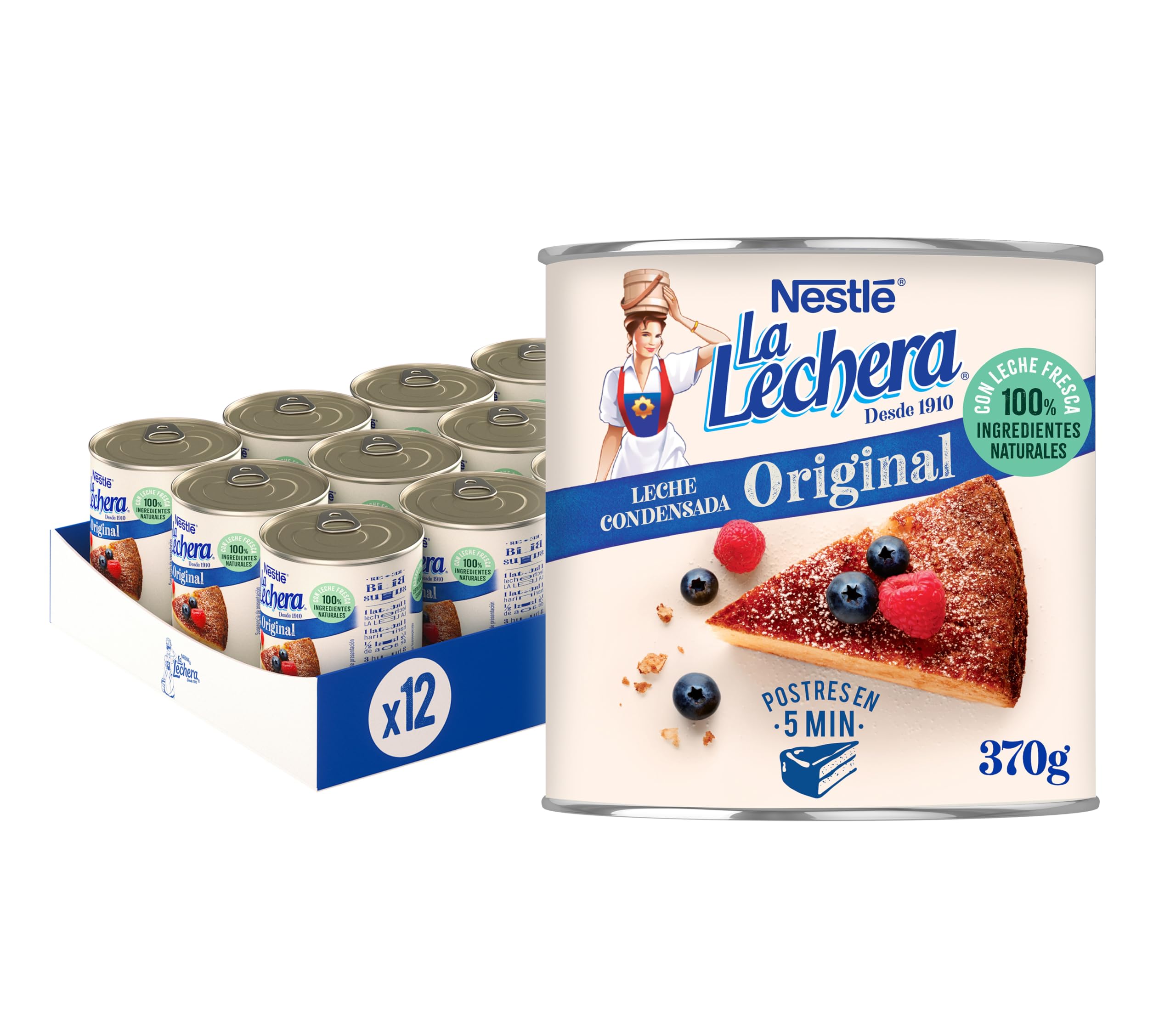 La Lechera Lata de leche condensada entera con abre fácil, 370 g (Paquete de 12)