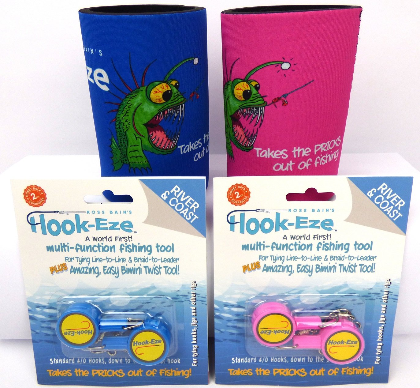 HOOK-EZEFishing Gear Knot Tying Tool and Can Coolers (2 Twin Packs), Standard Size - Line Cutter - Fishing Hooks Cover - Ideal for Freshwater Bass Kayak Ice Fishing - Blue and Pink