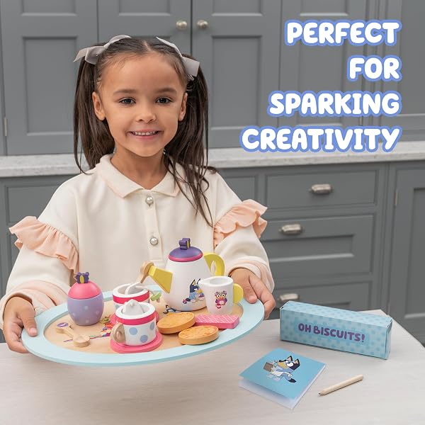 8th Wonder Bluey Toys Wooden Tea Party Set, 18-Piece Durable Toy Tea Set with Tray, Teapot, Teaspoons, and More, Pretend Play for Toddlers of Ages 3+ - 4
