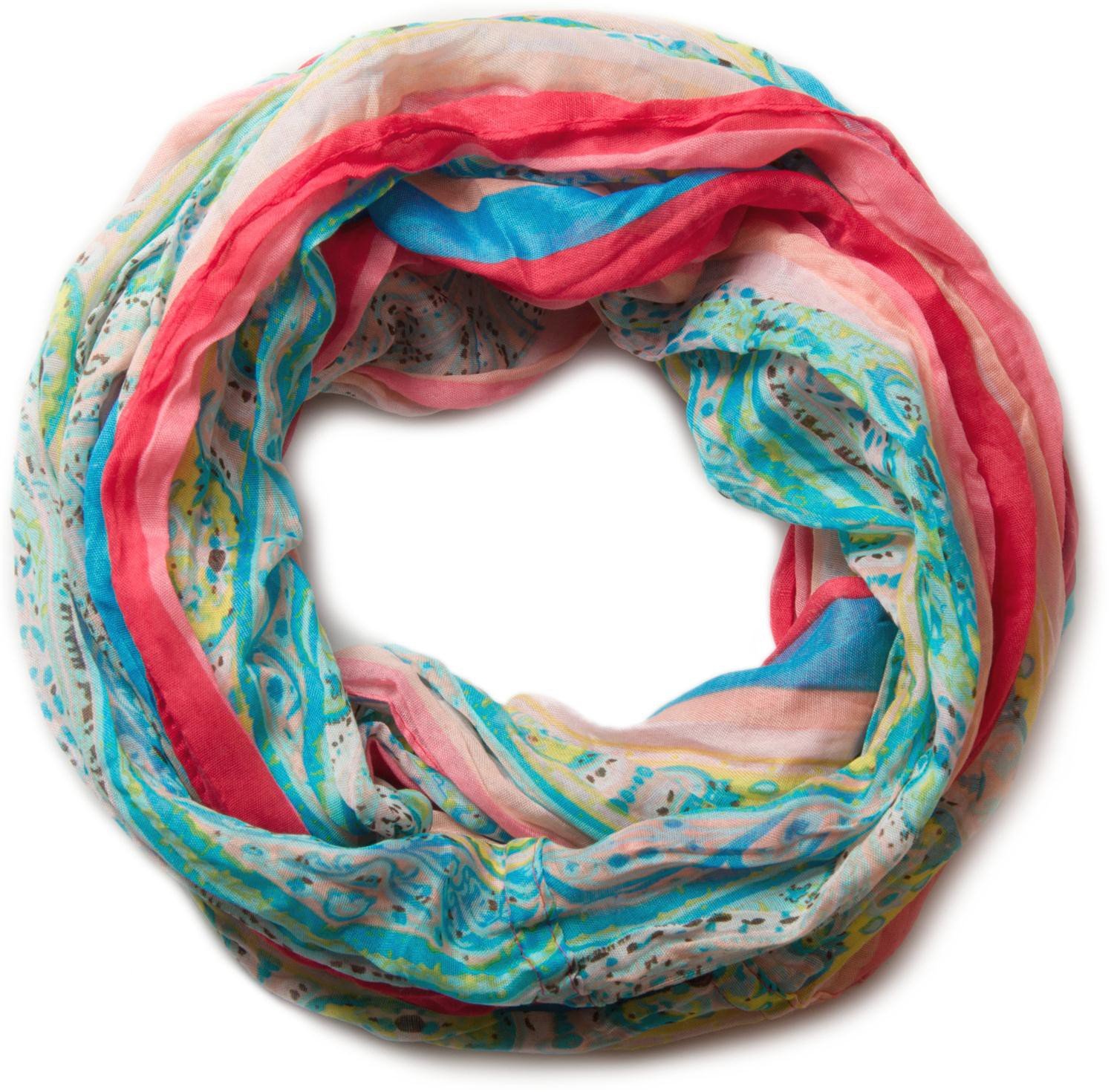 Stylebreaker Women's Turquoise-Red Tube Scarf With Stripes And Paisley Pattern 01018004, Colour: