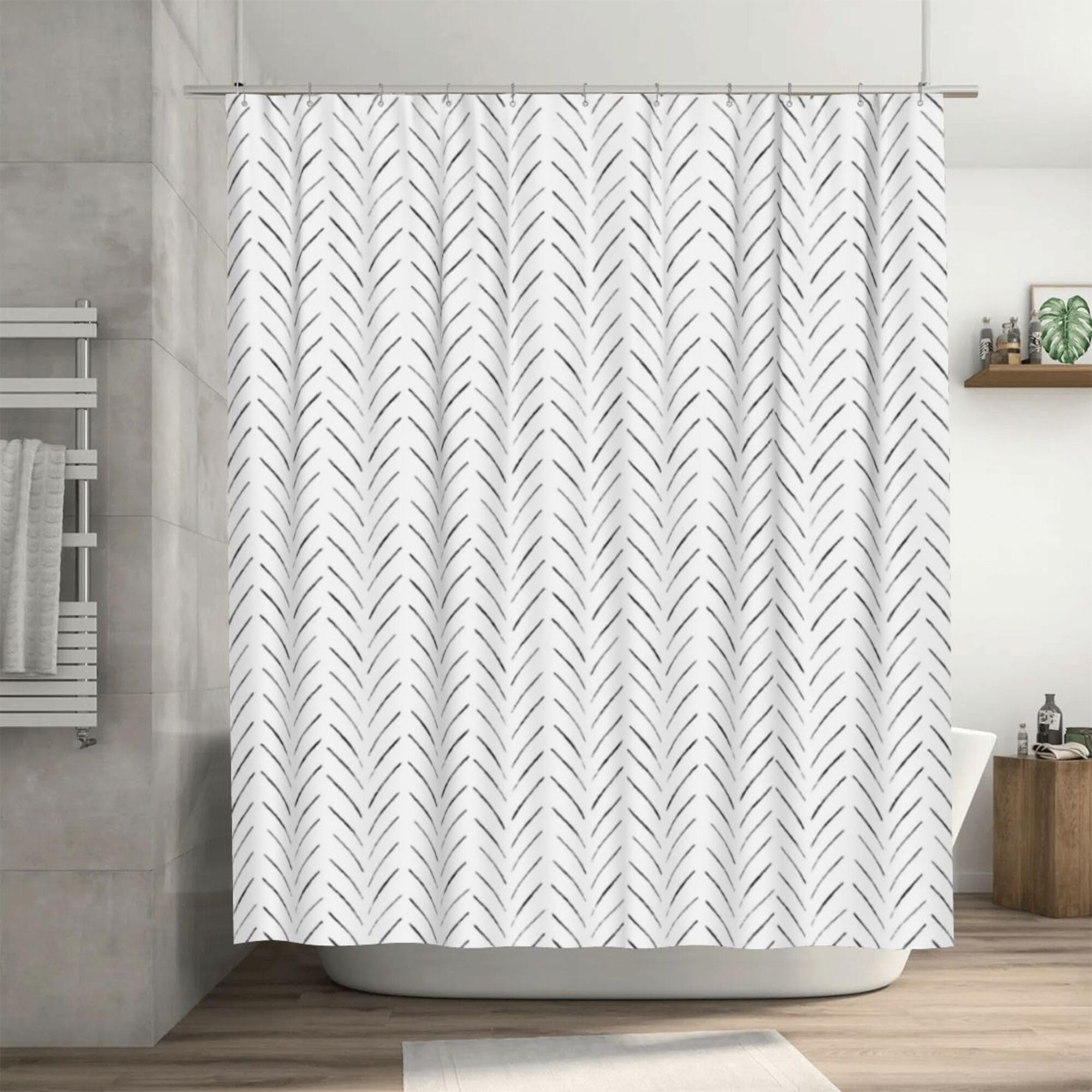 Black and White Herringbone Shower Curtain, Minimalist Geometric Simple Zigzag Chevron Mid Century Modern Shower Curtains for Bathroom, Boho Farmhouse Waterproof Bath Curtain 72’’x72’’