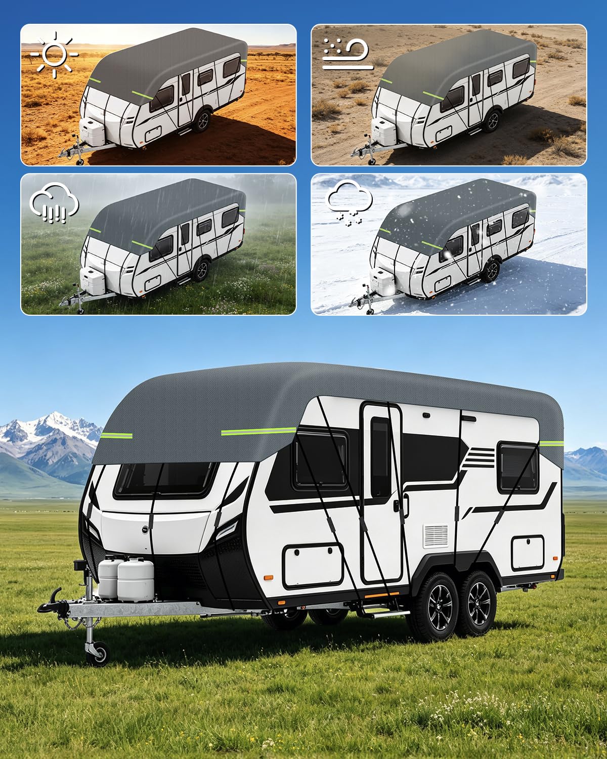 6,5x3m Funda para Autocaravana Funda para Techo de Caravana Impermeable 170g de Grosor Tejido No Tejido Universal para Verano Protección UV con Tiras Reflectantes