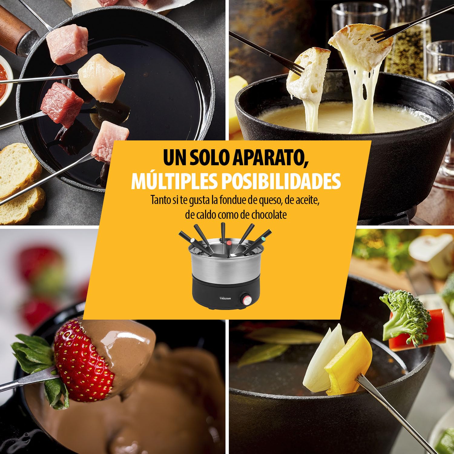 Tristar Fondue Eléctrica, 1,5 L Acero Inoxidable, 2 en 1 con Función Crepes, Piezas Apto Lavavajillas, Libre de PFAS, Para hasta 8 Personas, FO-1110