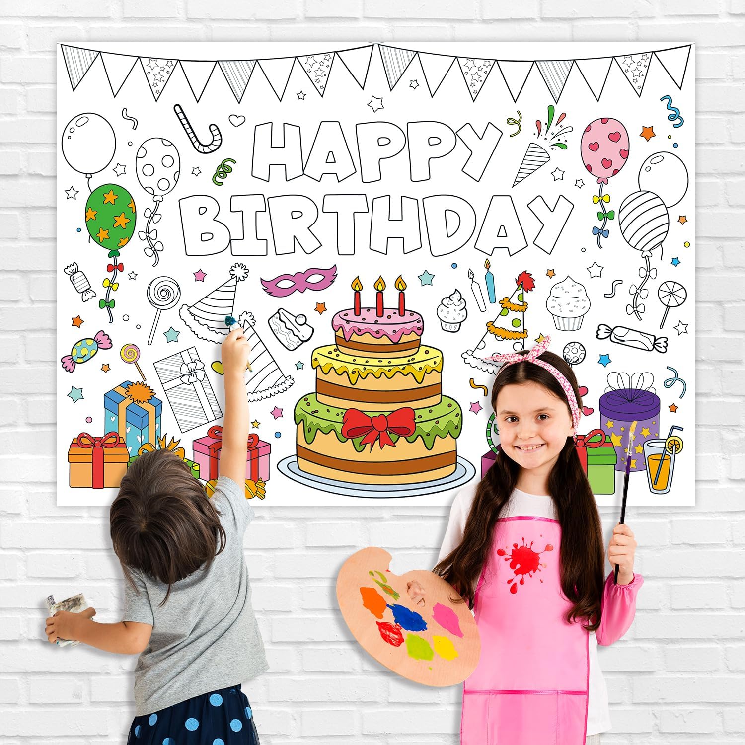 43.3x31.5 Happy Birthday Coloring Poster with Picture, Giant Birthday Gift Painting Poster, Large Coloring Tablecloth for Classroom Home Birthday Party Supplies Favor image 2