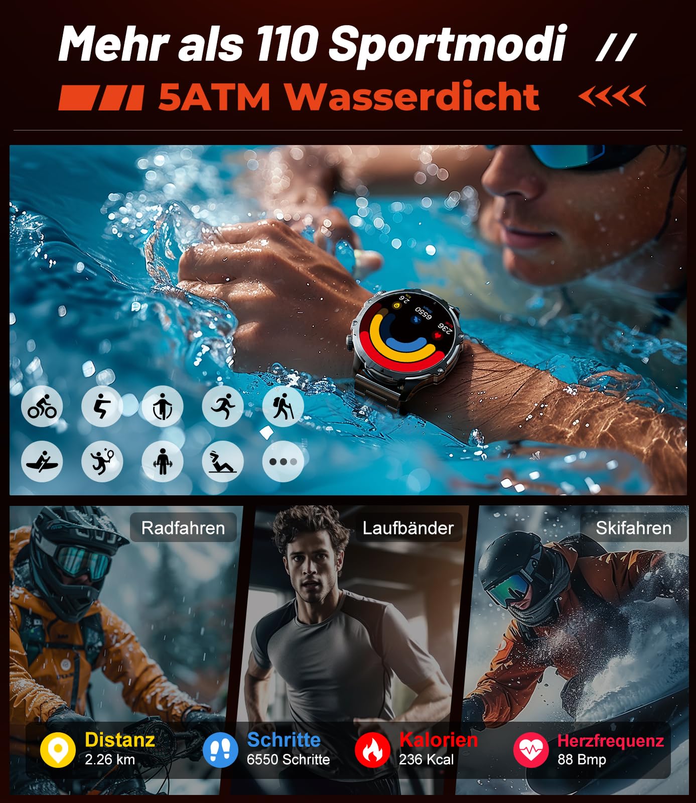 Smartwatch Herren 800 mAh Akku,1.85'' Großes Display/LED Taschenlampe mit Telefonfunktion,IP68 Wasserdicht Fitnessuhr mit 110+ Sportmodi Herz-/Schlaftracking für Android iOS