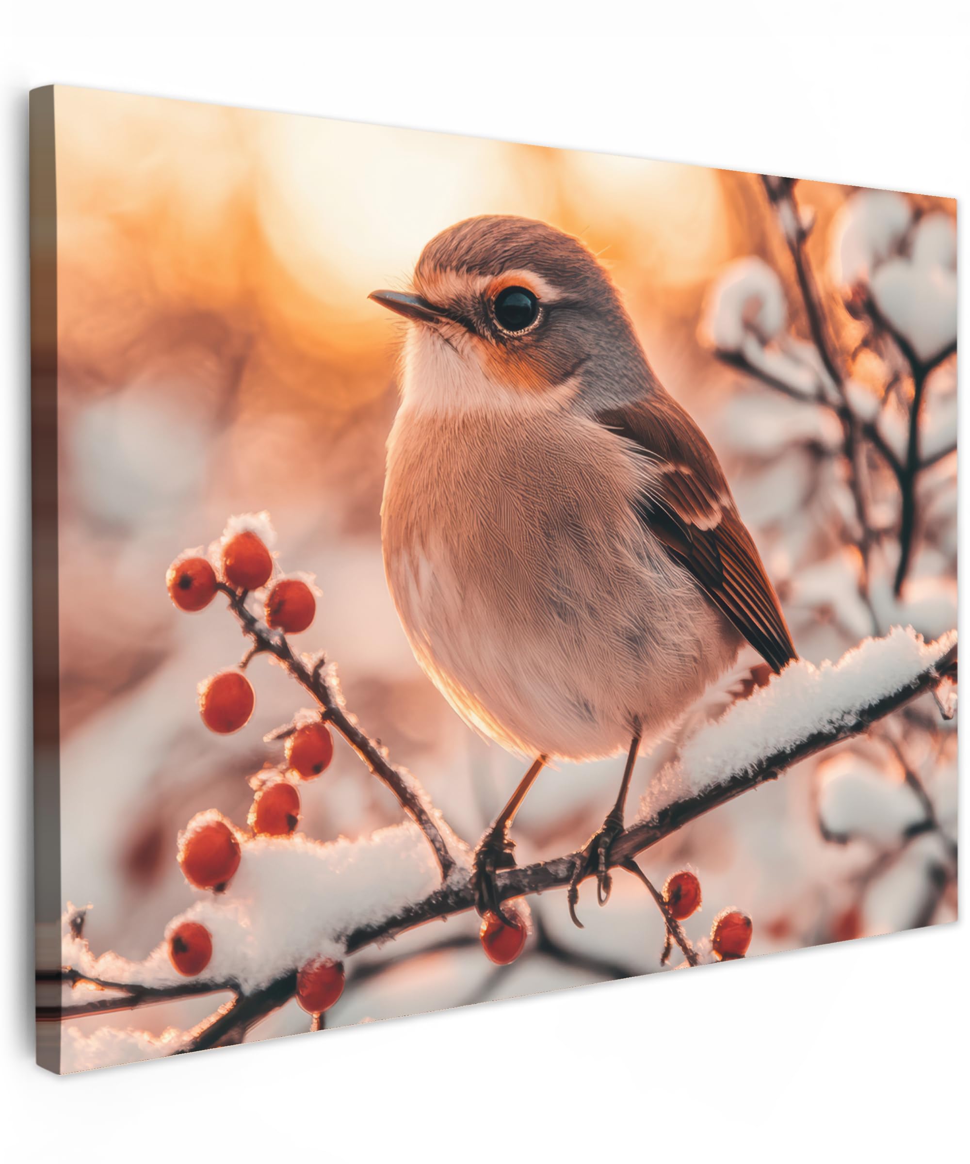 MuchoWow© Wandbilder 70x50 cm Schlafzimmer Home Deko Wohnung Bild Wohnzimmer Fotoleinwand Wand Bilder Leinwand Wall Decor Vogel - Zweig - Winter - Tiere - Schnee