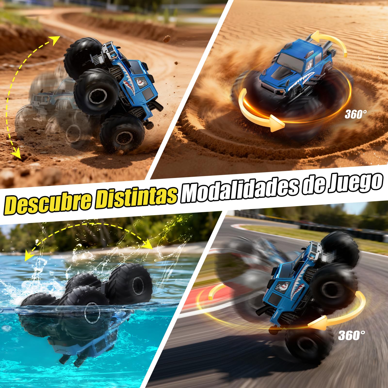 Monster Truck, Coche Teledirigido Anfibio para Niños 6-12 Años - Azul | Todo Terreno RC 4x4 con Sensor de Gestos,Carro Criança Juego Exterior para Jardín/Arena/Agua Regalo Cumpleaños para Niño Niña