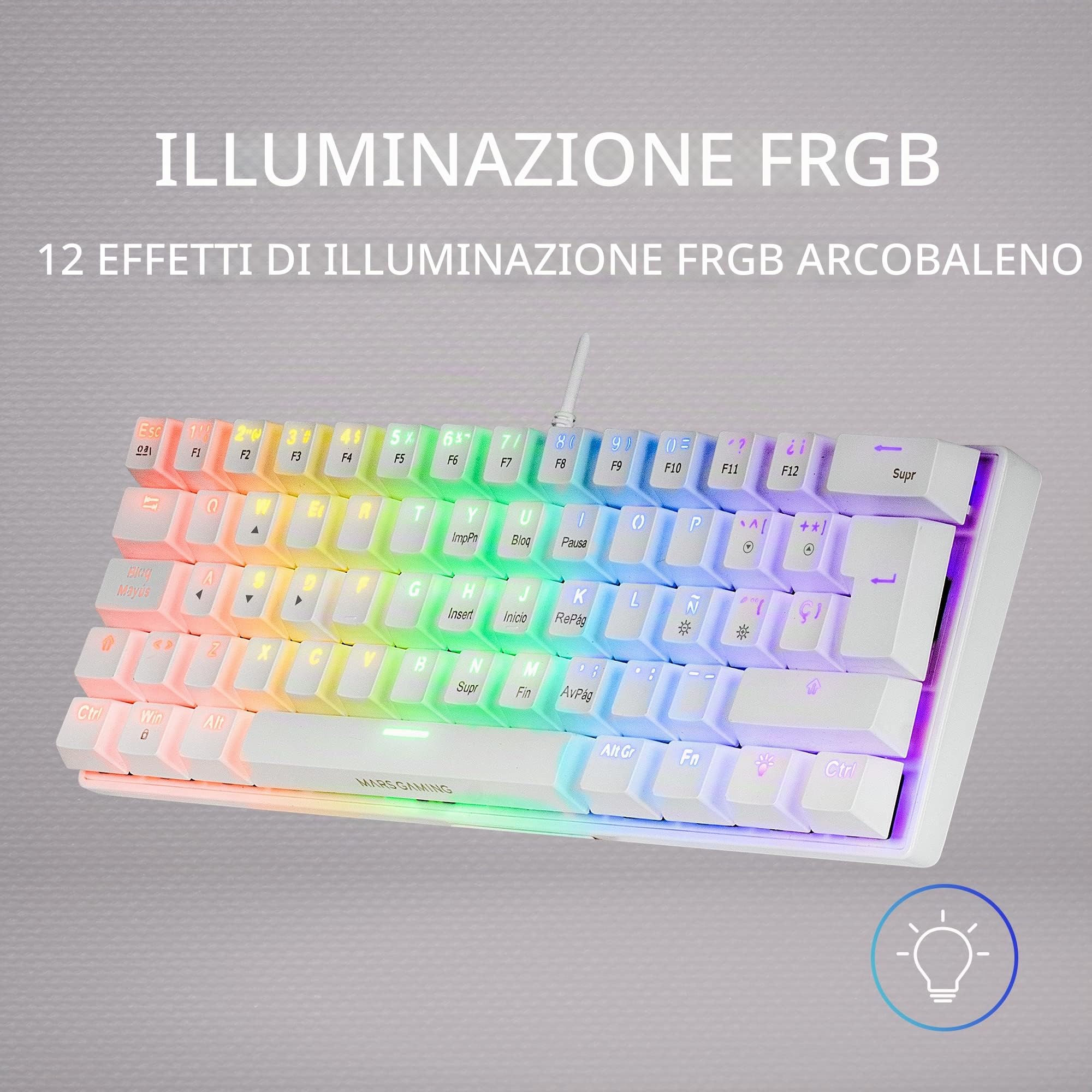Mars Gaming MK60 Bianco, Tastiera Gaming Meccanica FRGB, Antighosting, Switch Meccanico Rosso, Lingua Italiano