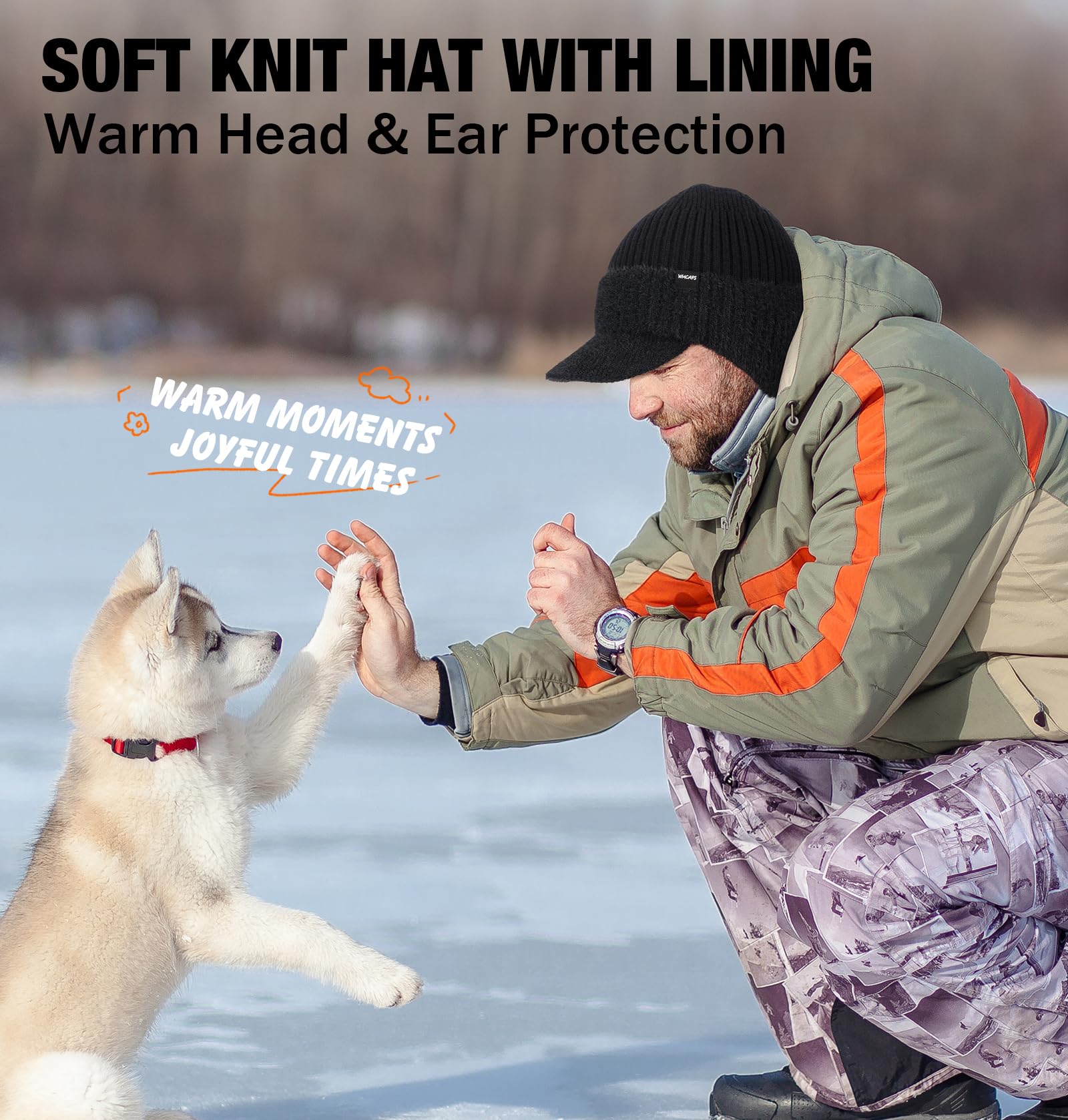 Wmcaps Bonnet d'hiver avec bord et cache-oreilles, doublure en polaire chaude pour homme et femme
