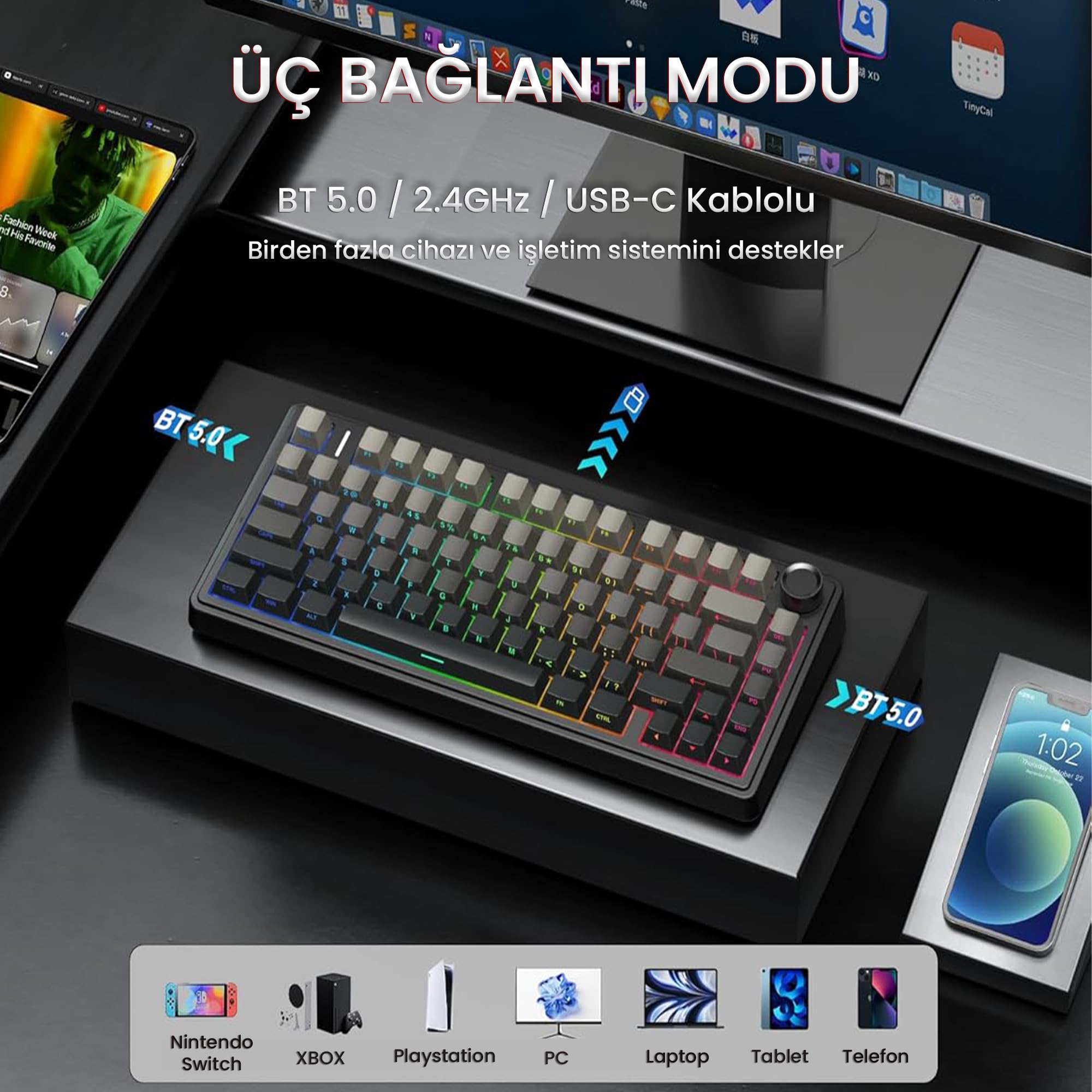 AULA F75 PRO Mechanical Keyboard Gaming, 2.4 GHz/Type-C/BT5.0 Mechanical Keyboard, Side Engraved, Five Layer Padding Structure, QWERTY, Hot-Swap Wireless Gaming Keyboard 75 Percent (Grey) - 4