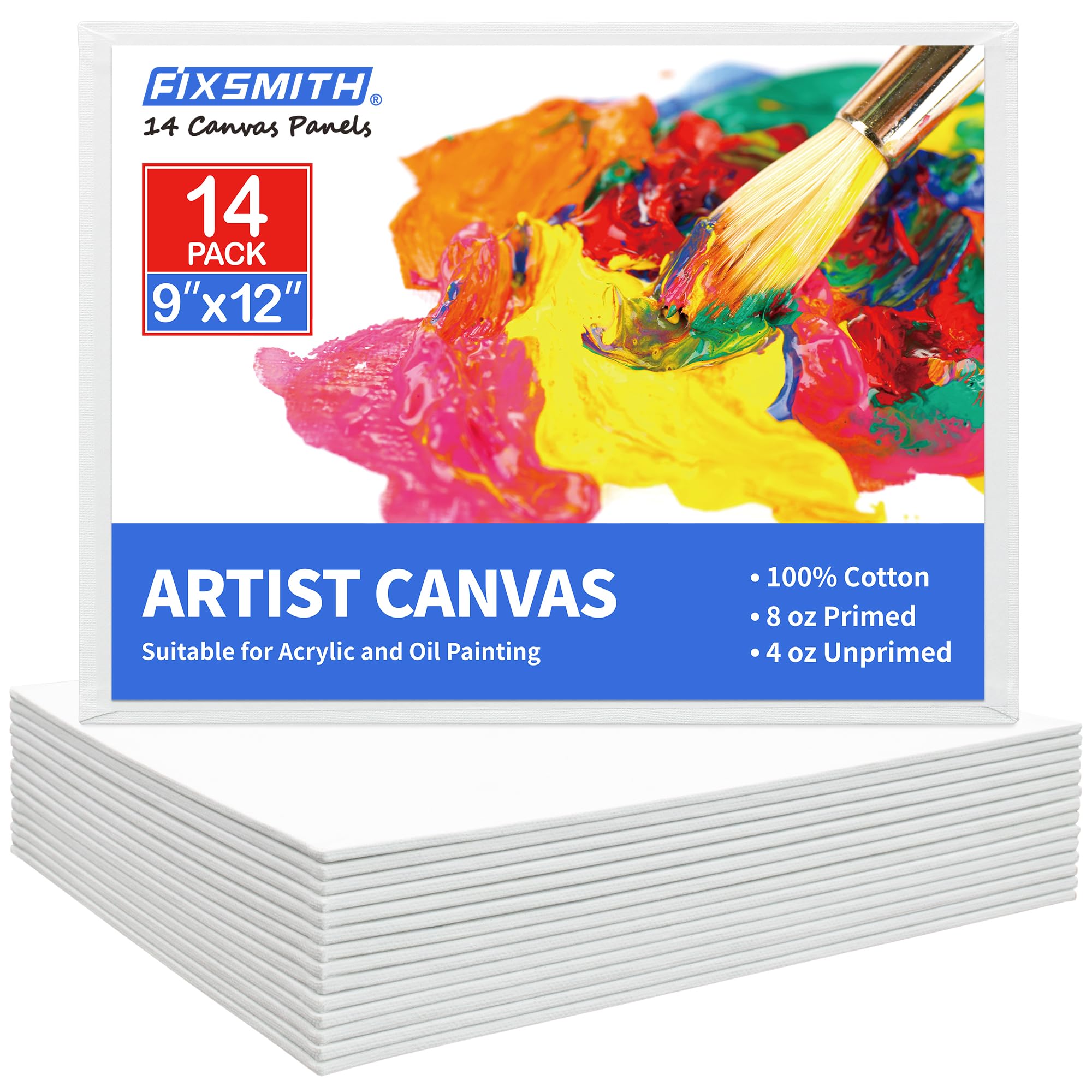 FIXSMITH Canvas Boards for Painting 9x12 Inch, Super Value 14 Pack Paint Canvases, White Blank Canvas Panels, 100% Cotton Primed Canvas Boards for Painting Art Supplies