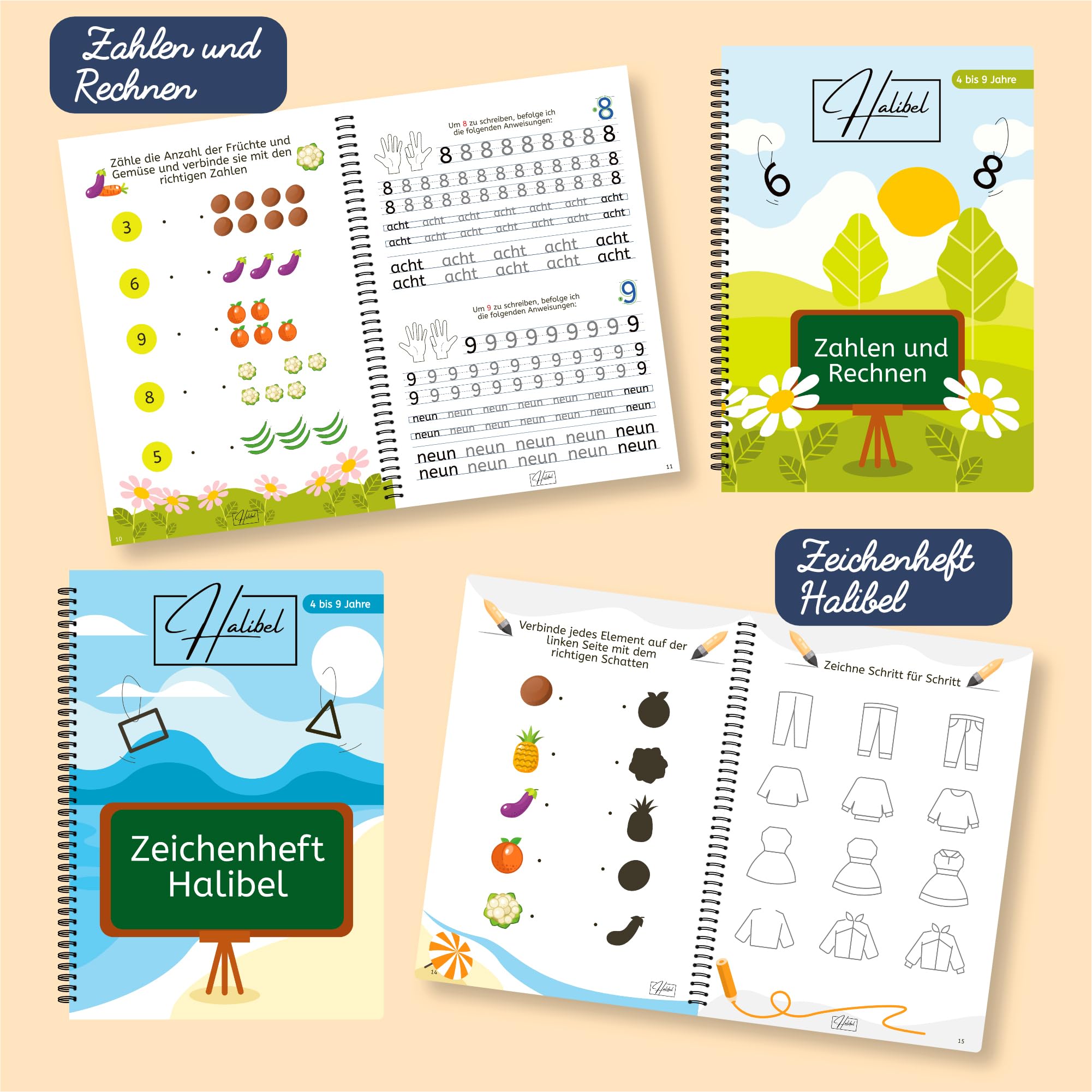 Magisches Heft von 4 bis 9 Jahren -4 Hefte- Wiederverwendbare Übungshefte für Kinder – Vorschule Übungshefte, Schreiben Lernen, Schreiblernheft für Jungen & Mädchen -2 Stifte,2 Griffe,10 Nachfüllungen
