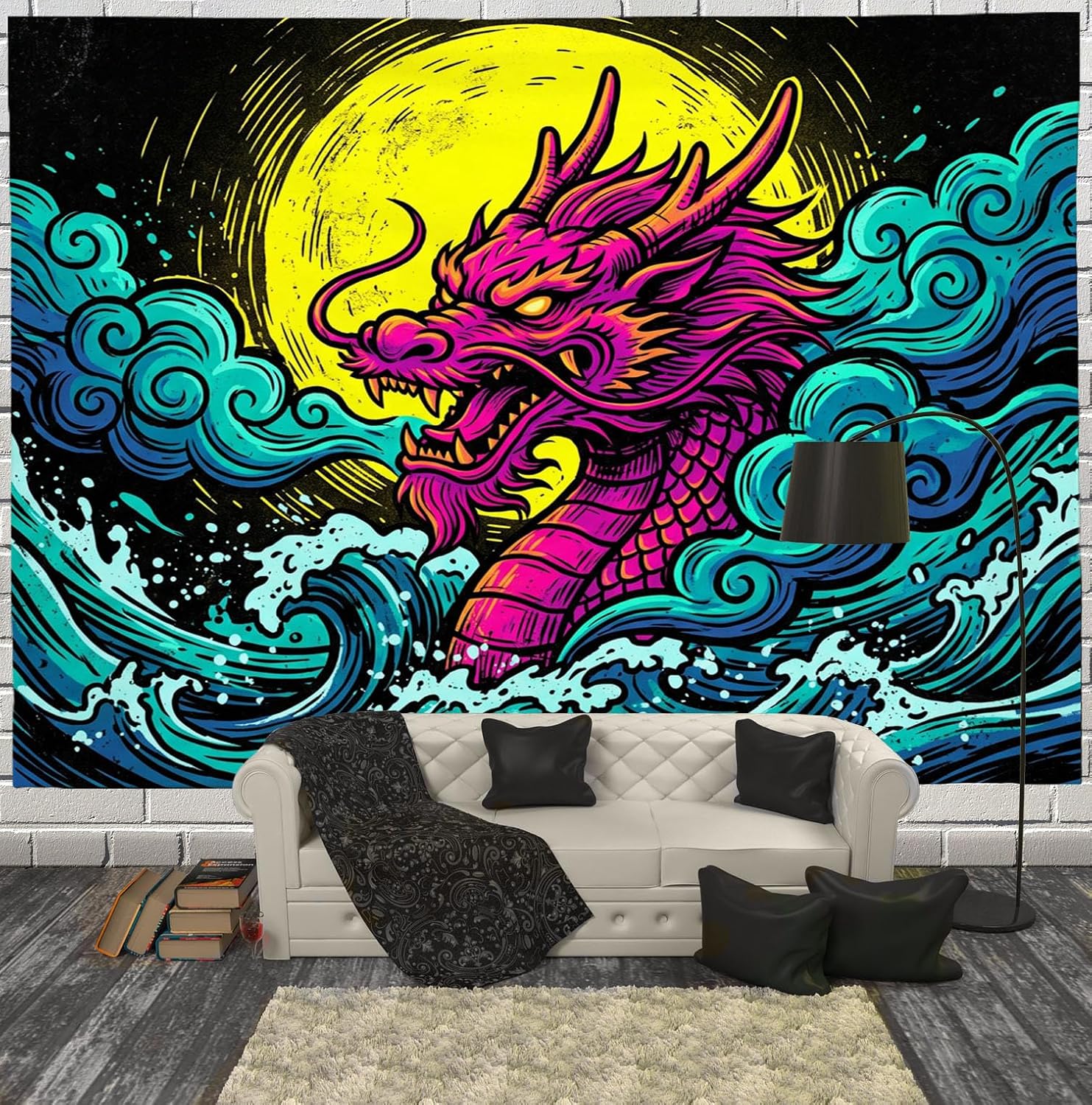 JRISEMECY Japanese-Style Waves Dragon Wide Lightweight Tapestry | Fantasy Moon Animals Wall Hanging Tapestries Art Dark Cyan Tapestry Mural Aesthetic Decor For Bedroom Dorm Living Room 40 X 30 In