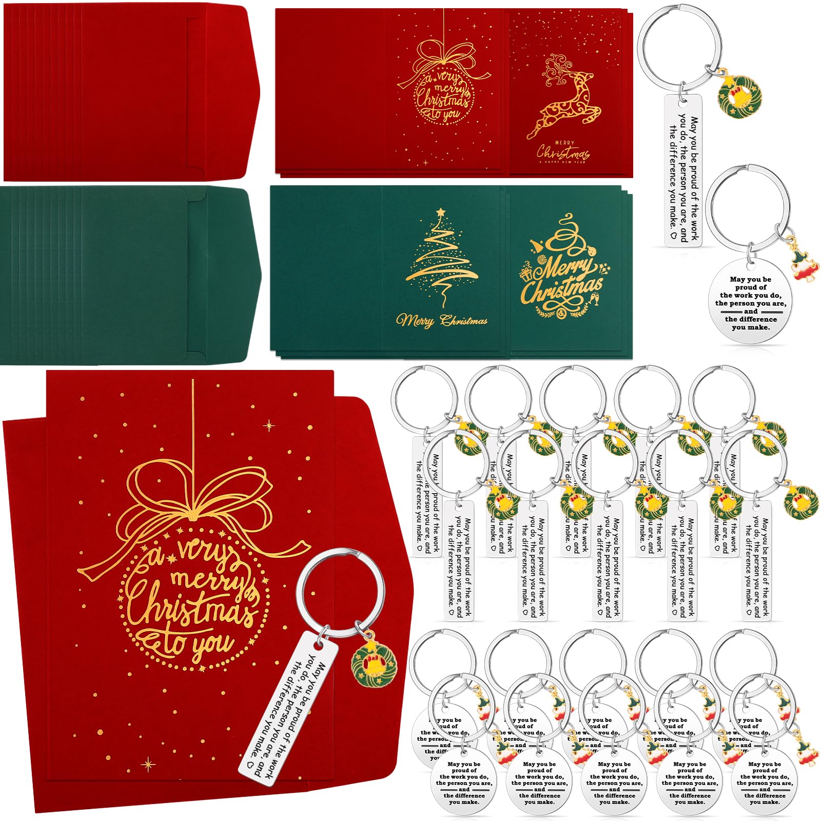 Fulmoon 40 Pcs Christmas Gift Include Christmas Greeting Cards Gold Foiled Cards with Envelopes and Thank You Keychain with Charm Pendent Vintage for Friend Family (Red, Green, Wreath, Tree)