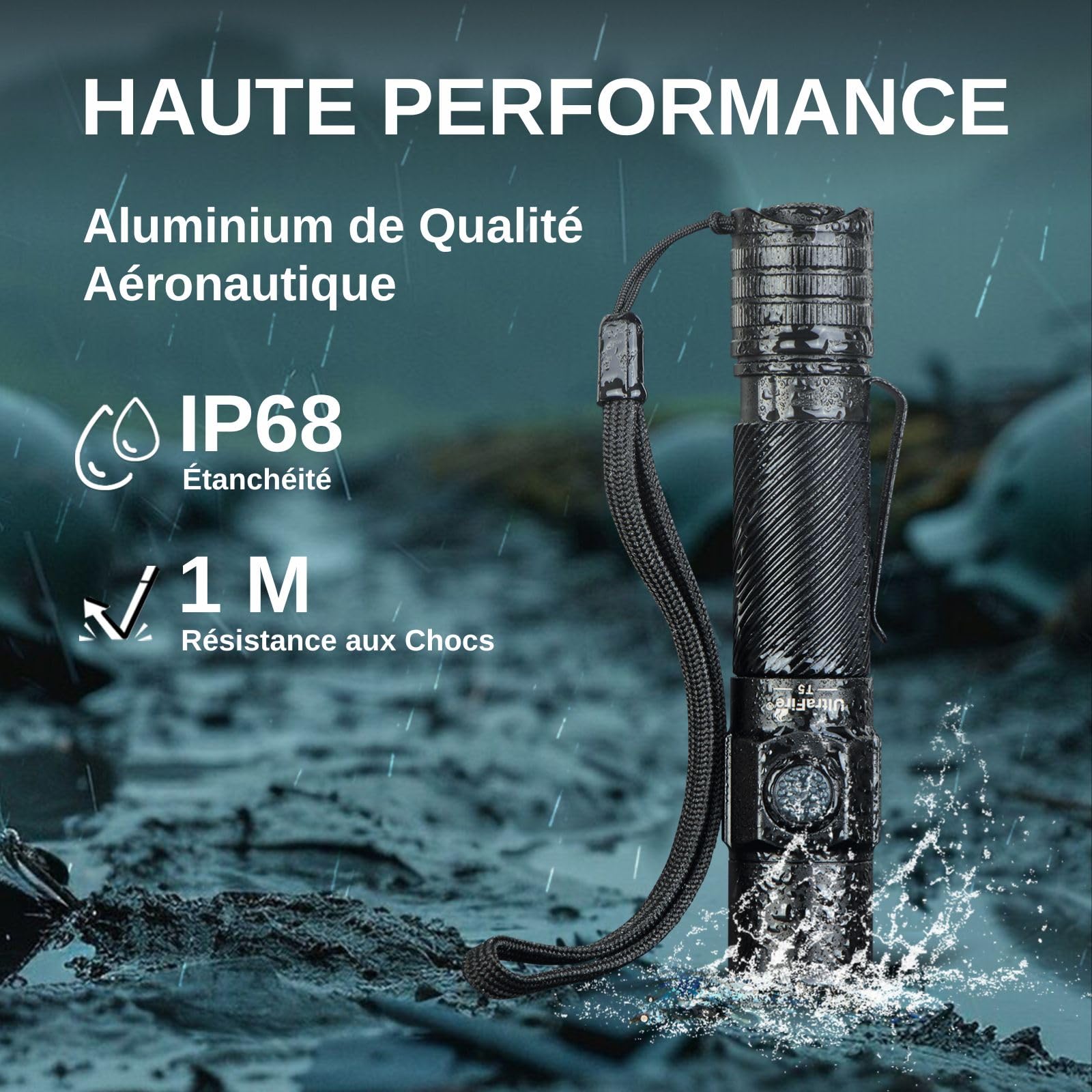 ULTRAFIRE Lampe torche tactique T5 avec batterie, 1800 lumens haute luminosité, lampe de poche de police avec double interrupteur, petite lampe de poche USB-C pour activités extérieures et intérieures