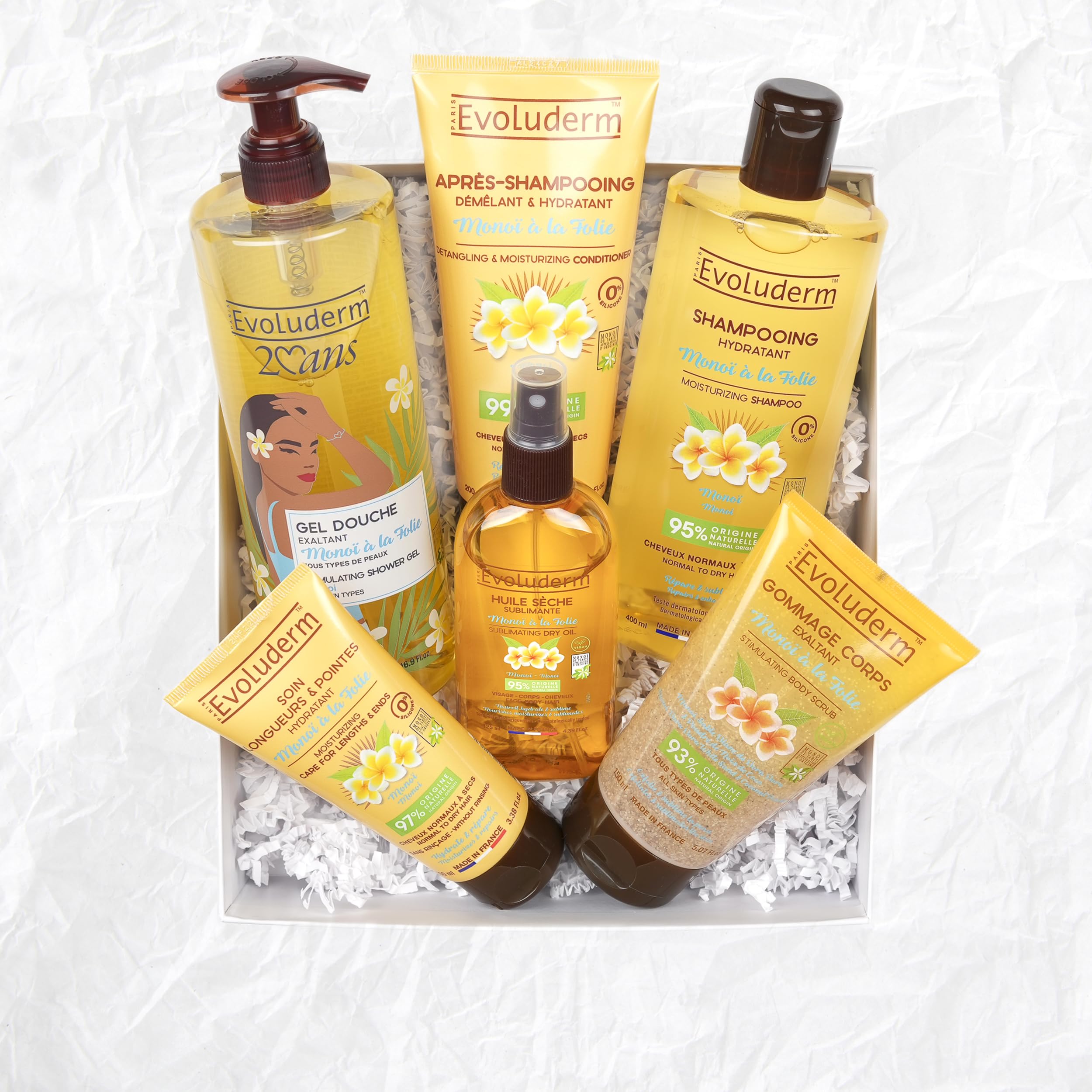EVOLUDERM Coffret Cadeau Bain Femme Corps & Cheveux au Monoï de Tahiti 6 Produits Gant Exfoliant Offert Origine Naturelle