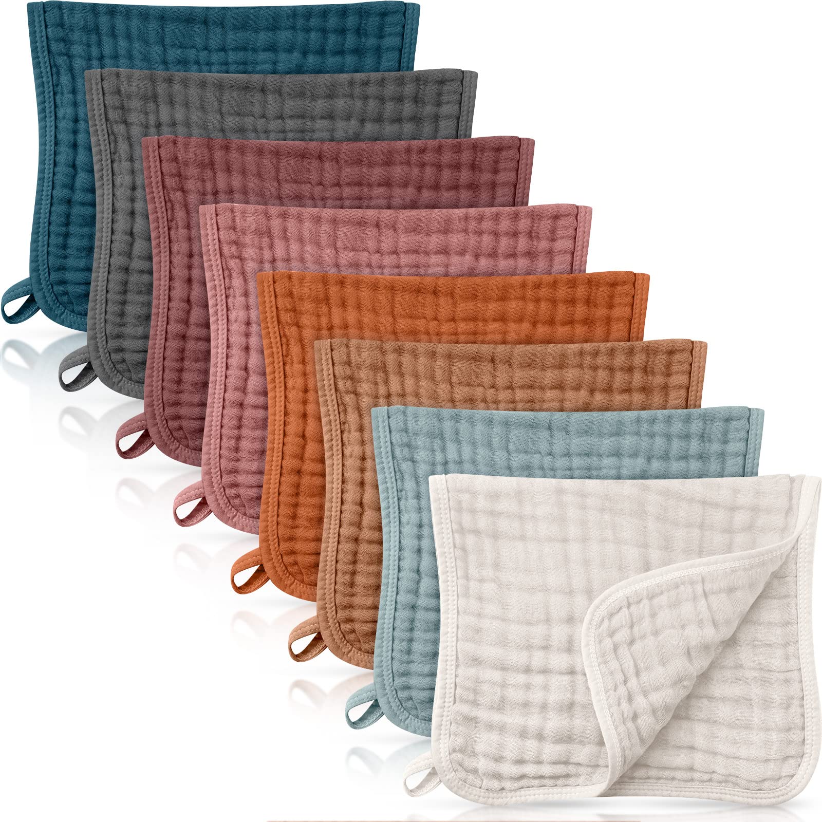 8 Packs Muslin Burp Cloths 6 Layers Unisex Baby Items Absorbent Burp Rags Colorful Muslin Washcloths for Baby Plain Soft Cotton Cloth for Babies Girls Boys, 10 x 20 Inch (Vintage Colors)-image-49