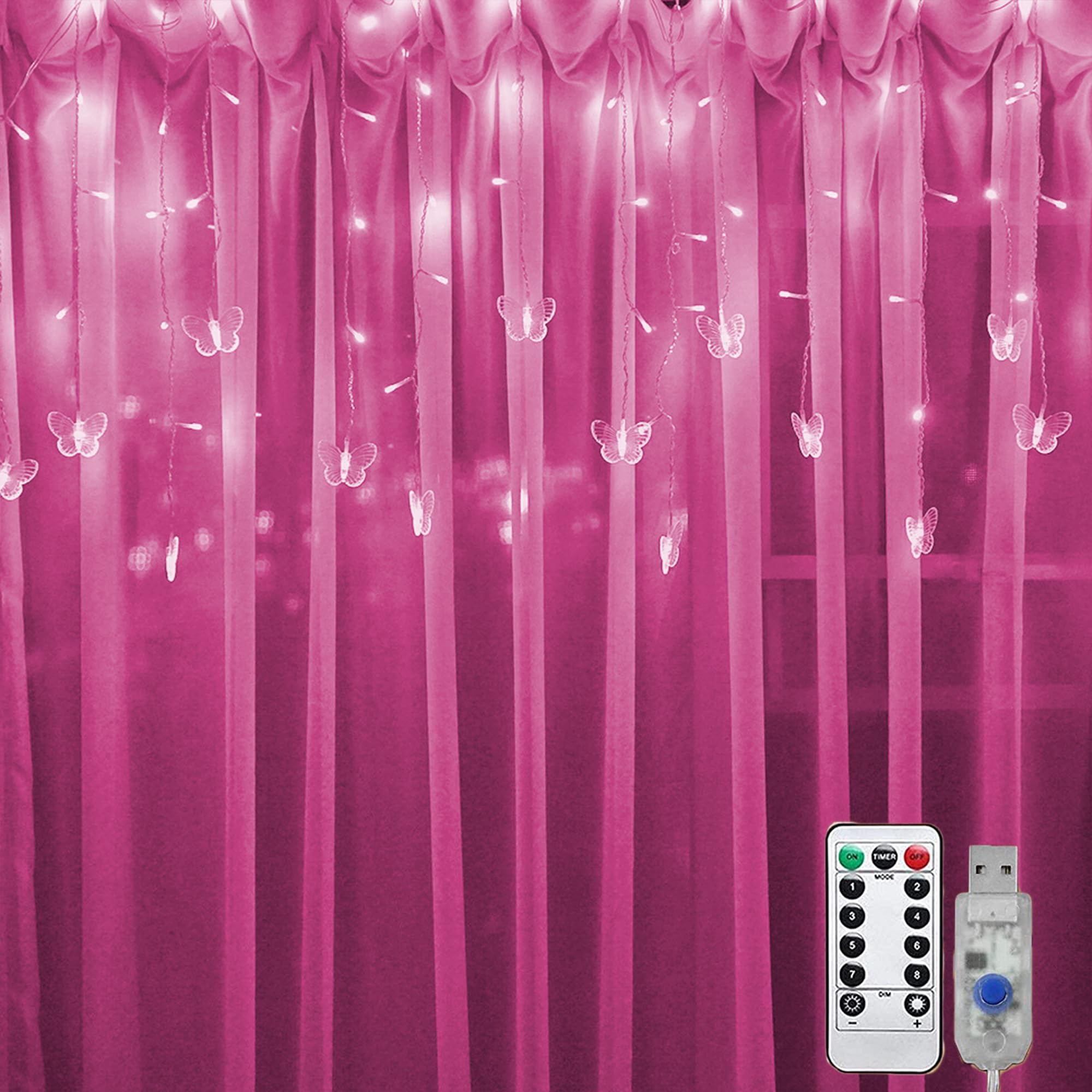 Decorman Butterfly Curtain Lights - 4.9ft 48 LED USB Fairy Lights With Remote & Timer For Room Decor