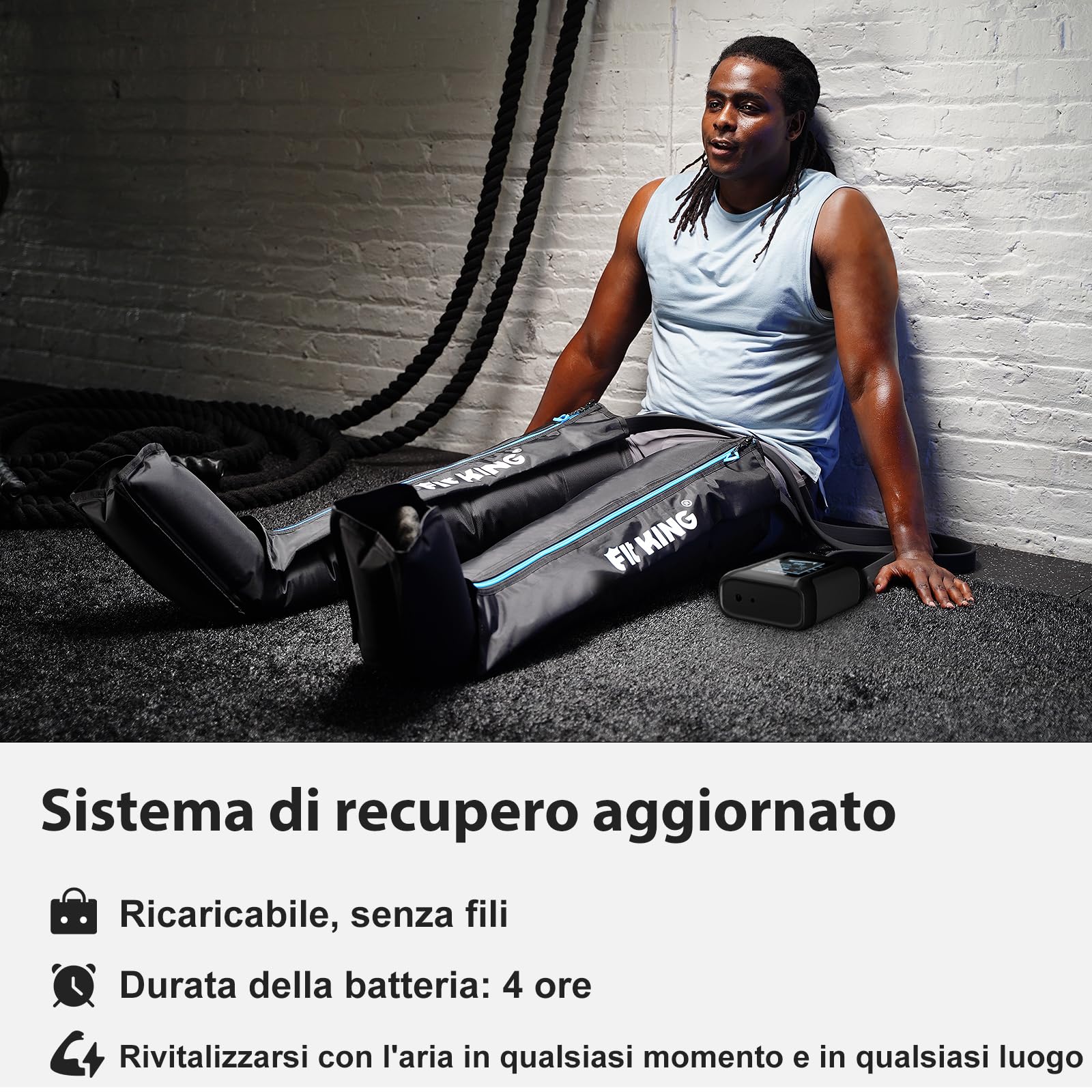FIT KING Massaggiatore Gambe a Compressione d‘Aria Ricaricabile Senza Fili, Massaggio con 4 Zone Regolabili, 3 Modalità e 11 Intensità, Ideale per Recupero Sportivo e Relax Quotidiano (Medio)