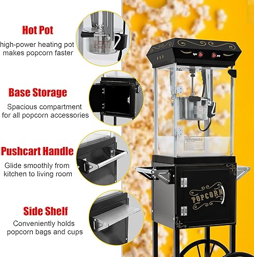 Miniatura 4 de Máquina de palomitas de maíz de 8 onzas con carro, máquina comercial de palomitas de maíz con ruedas y hervidor de acero inoxidable, 3 cucharas de