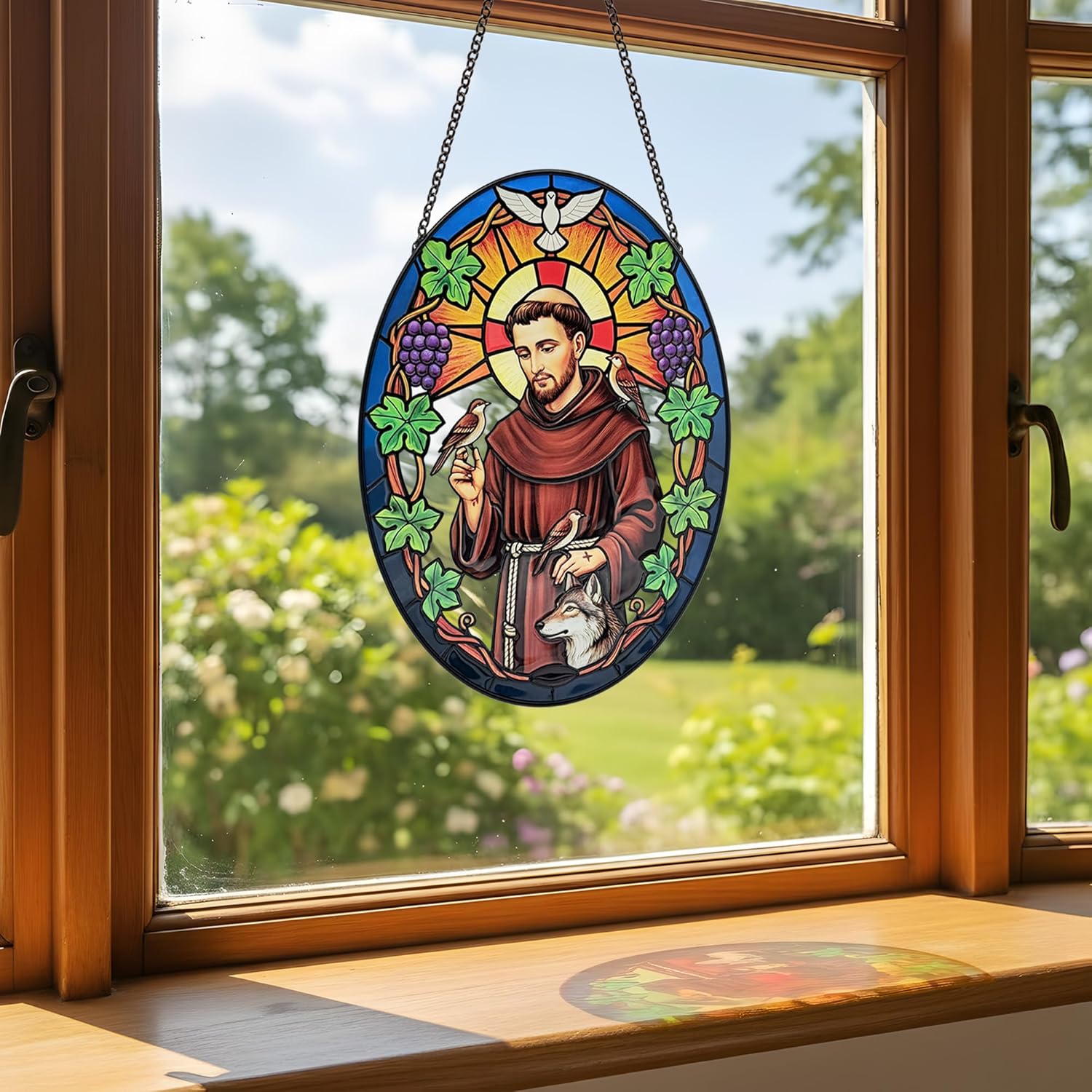 Stained Glass Window Hanging, Saint Francis of Assisi Sun Catchers Indoor Window Decor, 8.8 Inch Oval Suncatcher, Christmas Decorations, Christian Gifts for Women, Catholic Gifts for Women