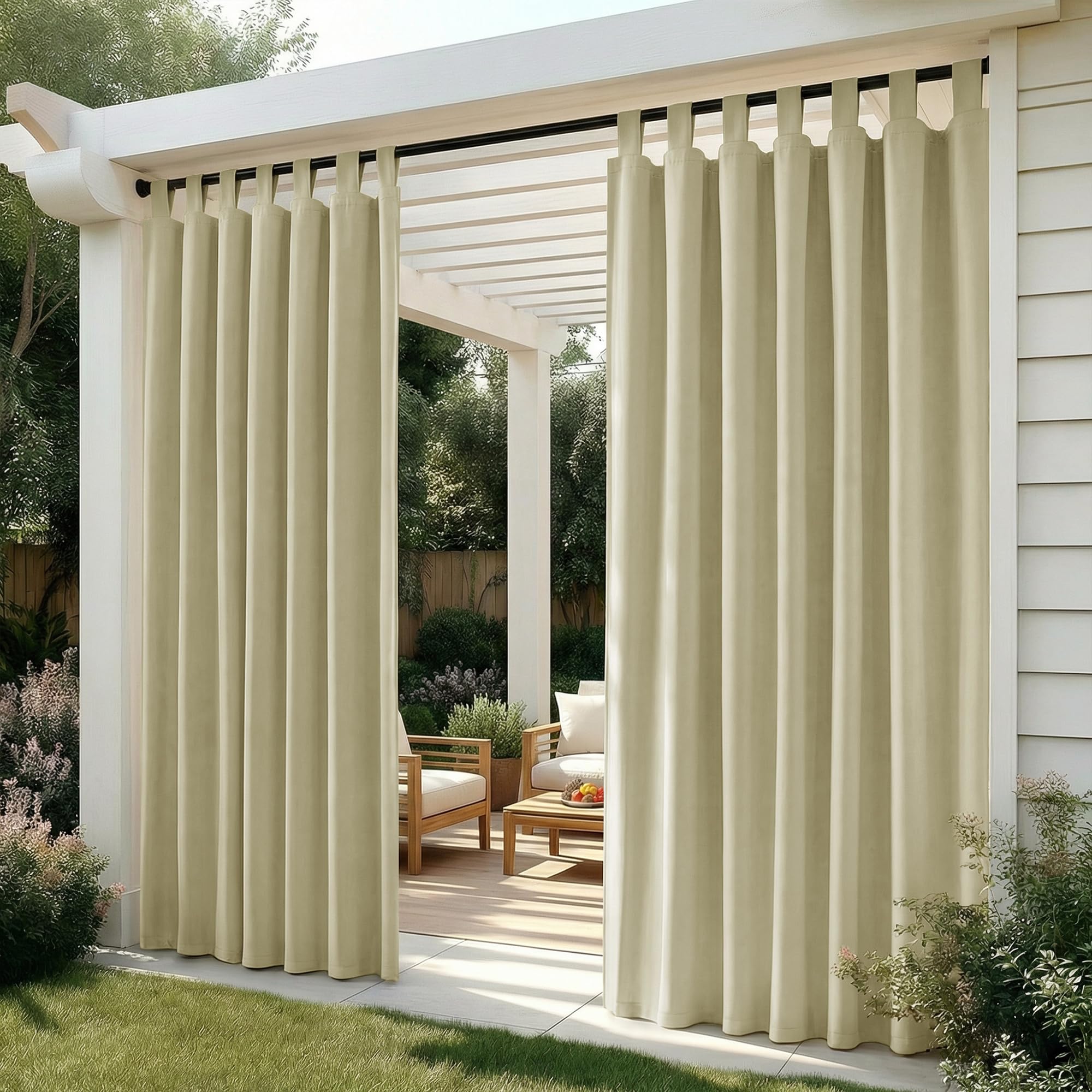 Deconovo Cortinas Exterior para Terraza Jardín o Balcón, Opacas y Repelentes al Agua con Trabillas, Protección Solar y Aislamiento Térmico, Set de 2 Paneles 132x270 cm Beige Oscuro