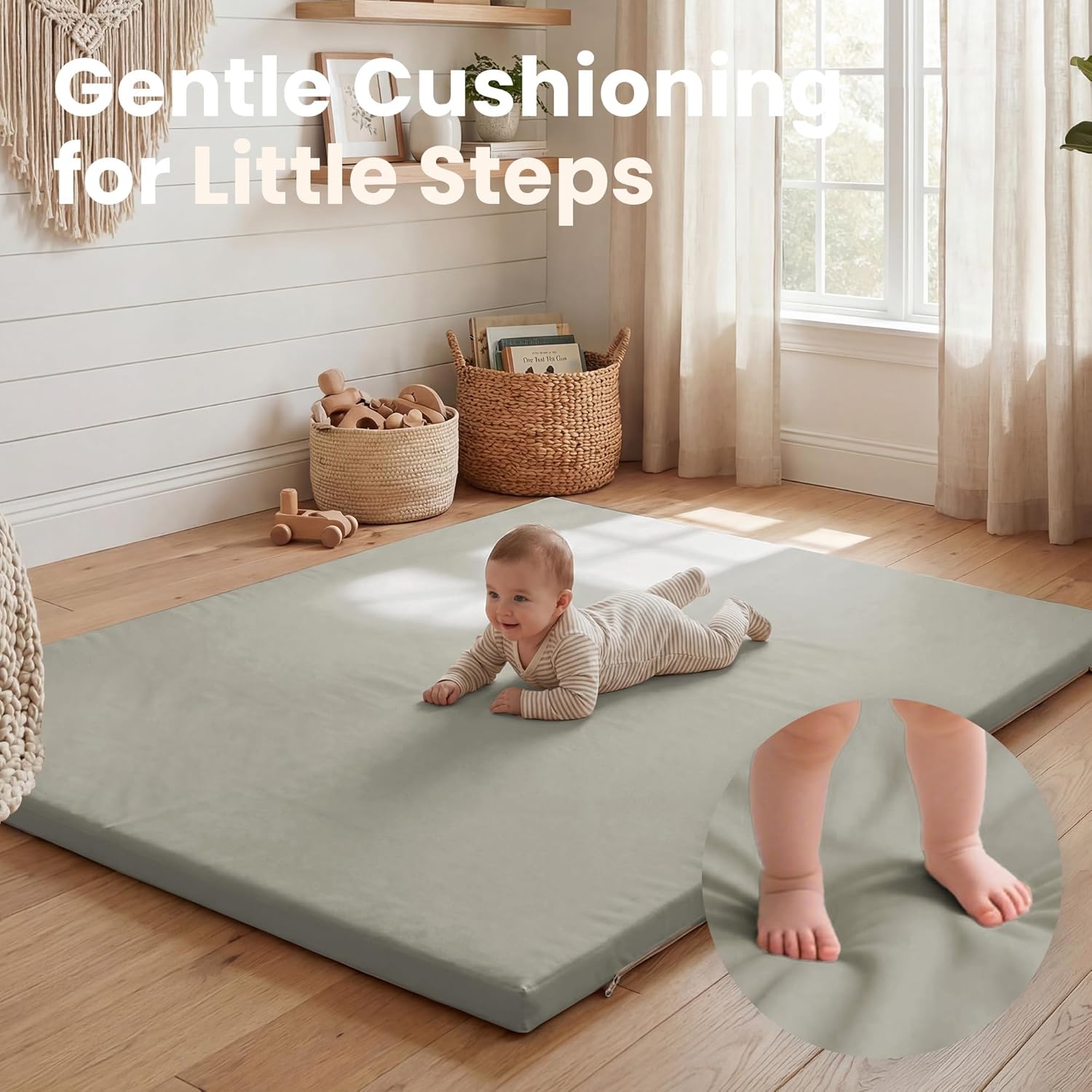Huloo Sleep Waterproof Baby Play Mat for Floor,74x50 Padded Playpen Mat with Vegan Leather Cover,1.3" Thick Cushion Foam Nursery Rug for Infants,Toddlers & Kids,Non-Slip & Non-Toxic(Gray)