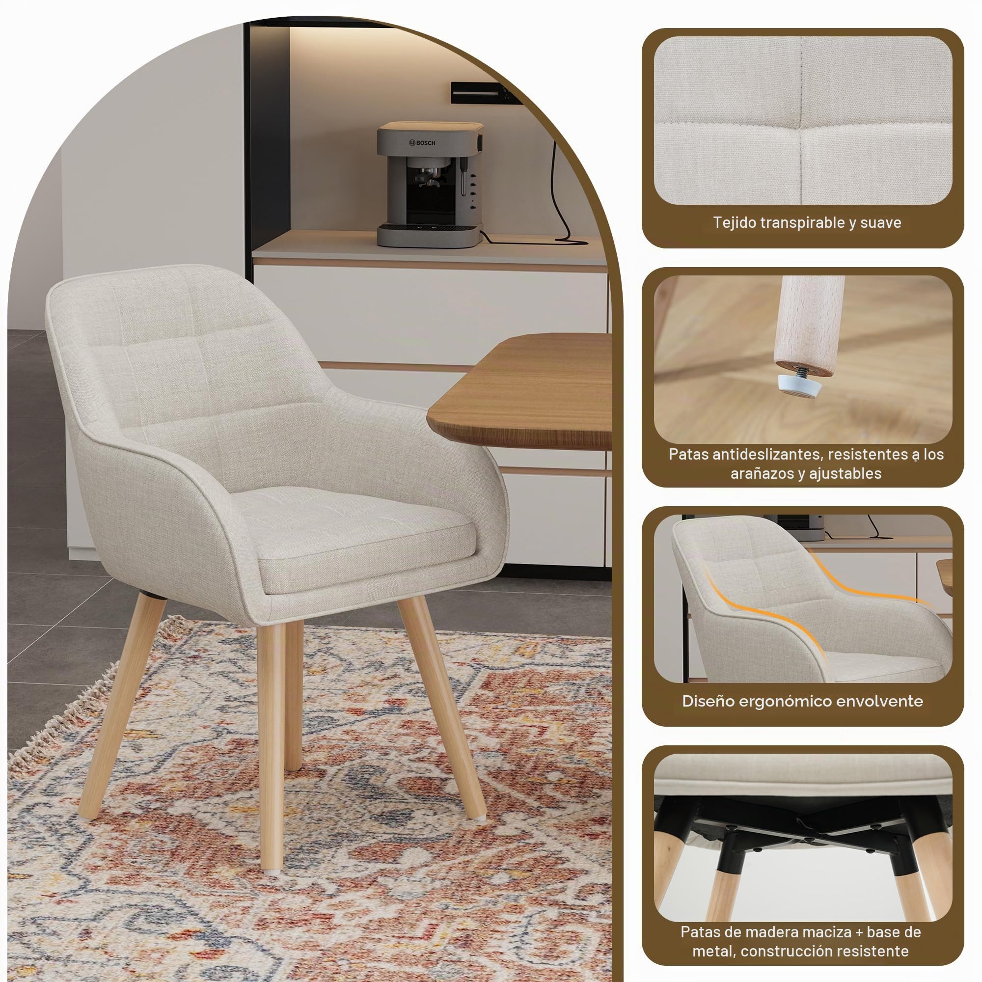 ELUCHANG Silla de Comedor Pack 4, 10cm Grosor Sillones con Reposabrazos Altos, Base Metálica & Patas Madera, Carga Máx.150KG, Beige Tela Natural Silla para Cocina, Salón, Dormitorio