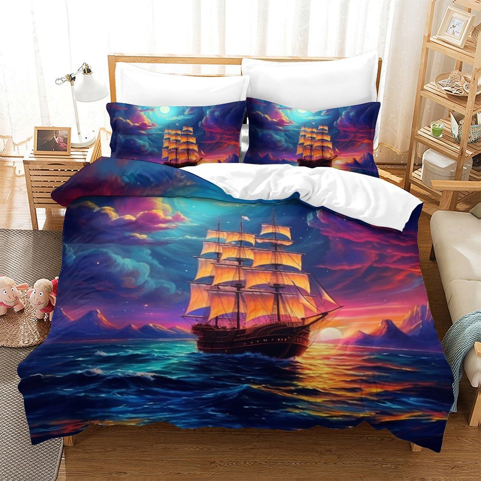 Housse de couette bateaux à voile 220x240 cm avec 2 taies d'oreiller microfibre