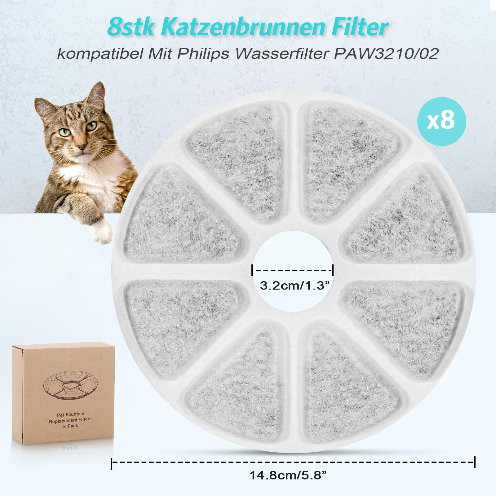 8pcs Cat Water Fountain Filters Compatible with Philips PAW3210/02 Cats Drinking Fountain, Activated Carbon Cat Filters - Image 2