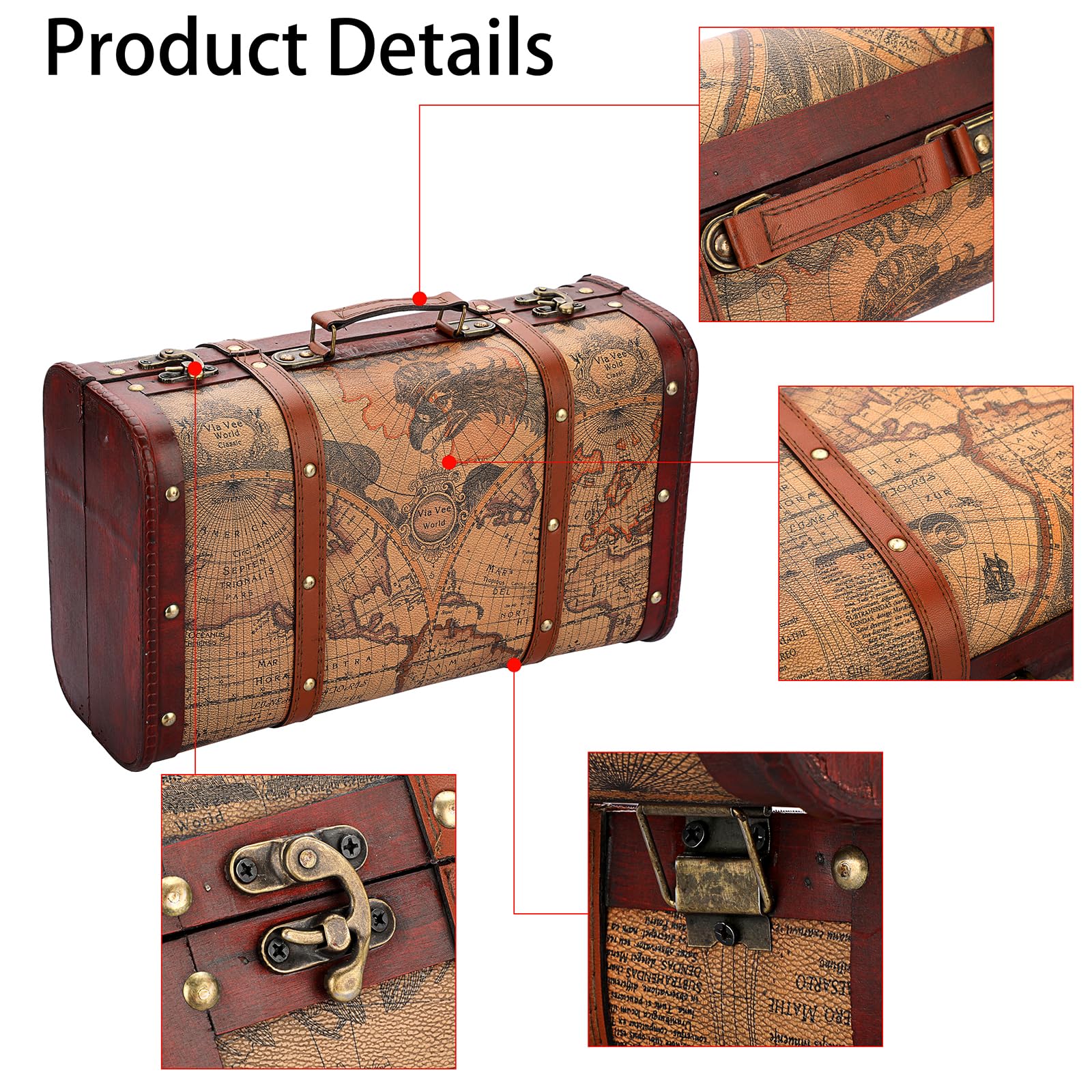 ELLDOO Vintage Holz Aufbewahrungstruhe, Tragbare Dekorative Gepäck Koffer, Schatzkiste mit Kartenmuster, Piraten Andenken Box für Geschenke, Truhe Aufbewahrungsbox für Dekor Lagerung Reise