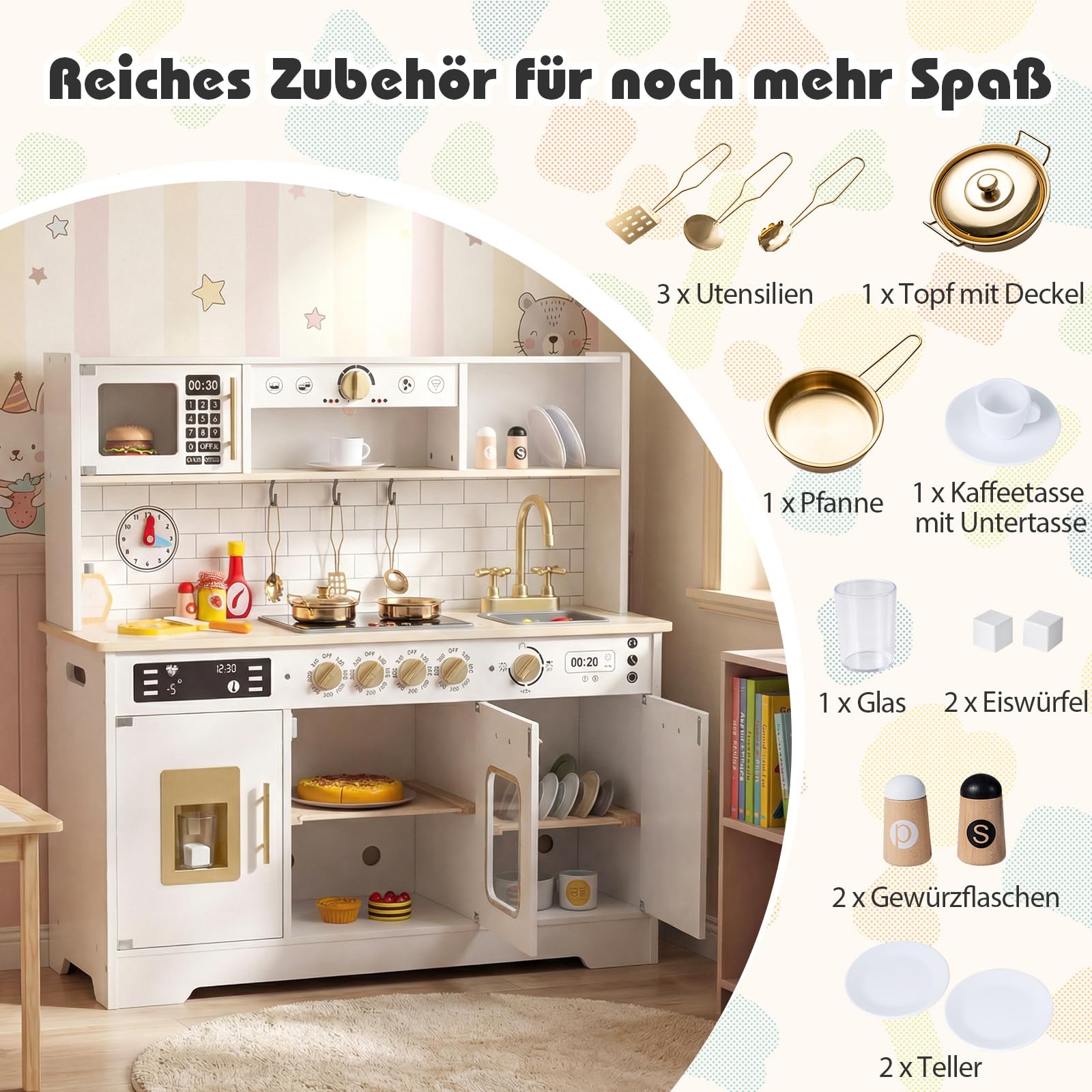 COSTWAY Kinderküche mit Licht & Sound, Spielküche Holz mit Herd, Spüle, Ofen, Eismaschine, Mikrowelle, Kaffeemaschine, Holzüche inkl. 14 Zubehör, Spielzeugküche für Kinder ab 3 Jahren (Weiß)