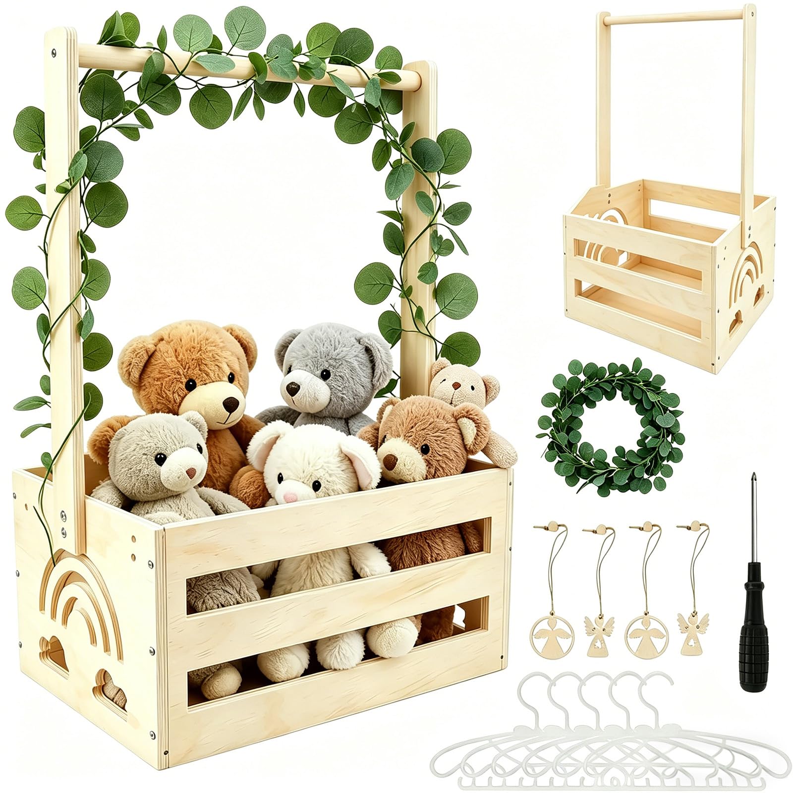 Babyparty Geschenk Holz Babykorb mit Griff, Babyparty Geschenk für Neugeborene, Praktischer Baby Schrank mit Kinder Kleiderbügel und Girlande, Personalisierte Baby Korb für Schwangere Neue Eltern