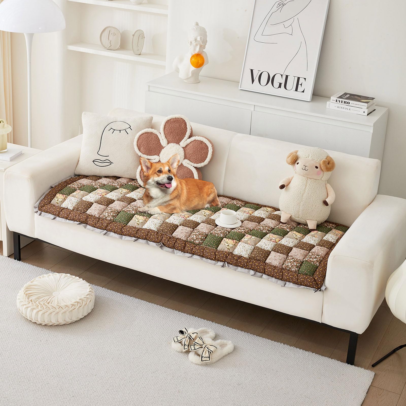 DREAMINGO Non Slip Pet Couch Cover Protector Cotton Quilted Couch Covers for Dogs Washable Vintage Korean Chic Style Brown Green Beige Checkered Dog Bed Couch Cover with Ruffle Edge, 27.6"x82.7" โ image 1