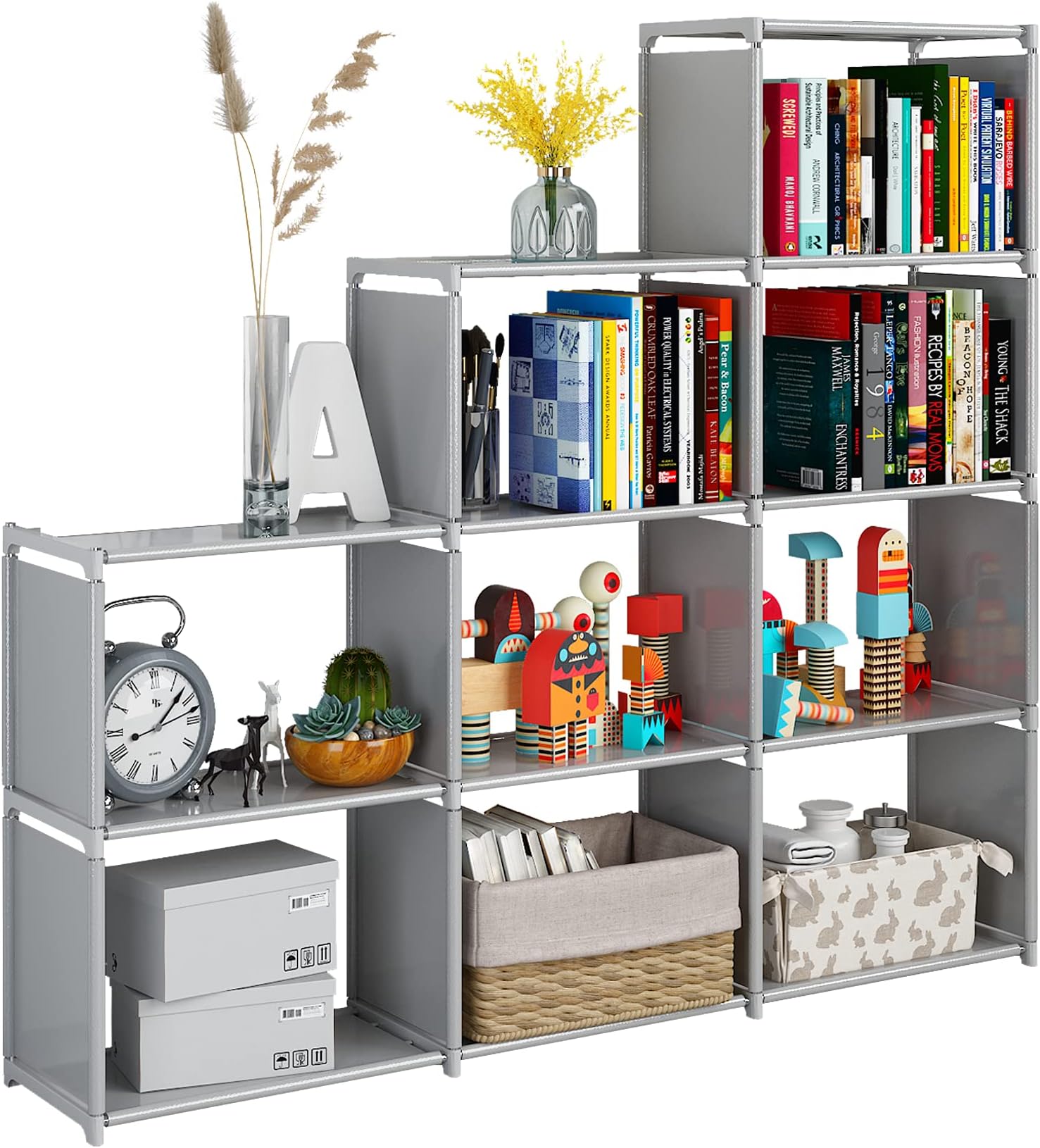 9 Cube Bookcase, Stair Storage Unit, Multi-Use Cube Storage Organiser for Books, Toys, Clothes, Tools, Grey